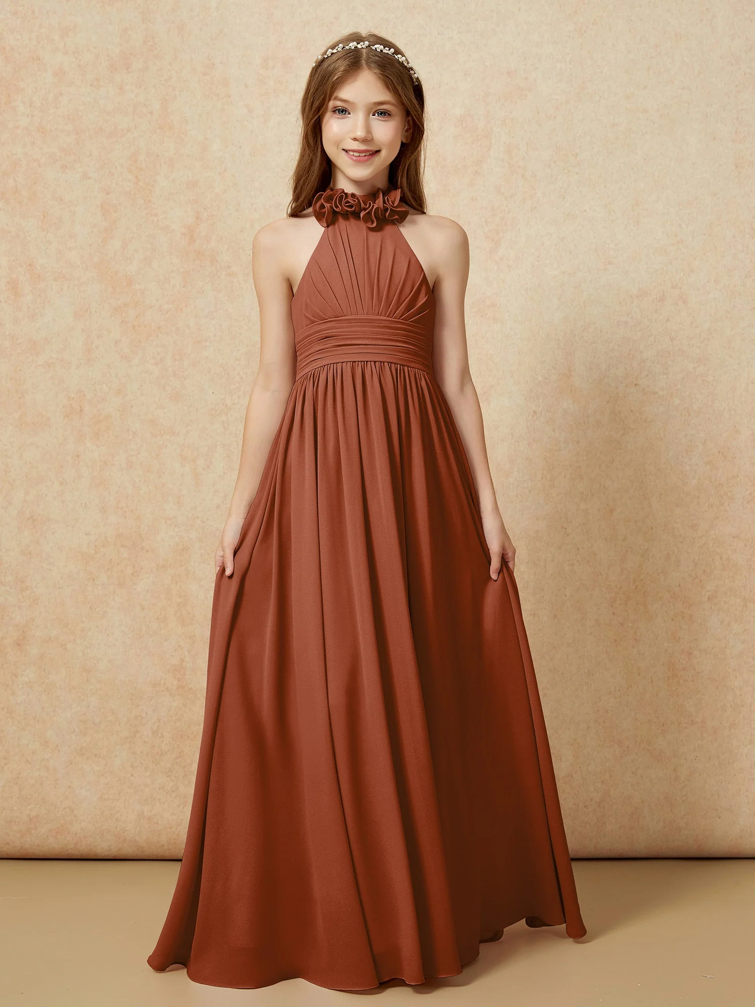 Halshalter Rückenfrei Lang Chiffon Junge Brautjungfernkleider Terrakotta - Image 4