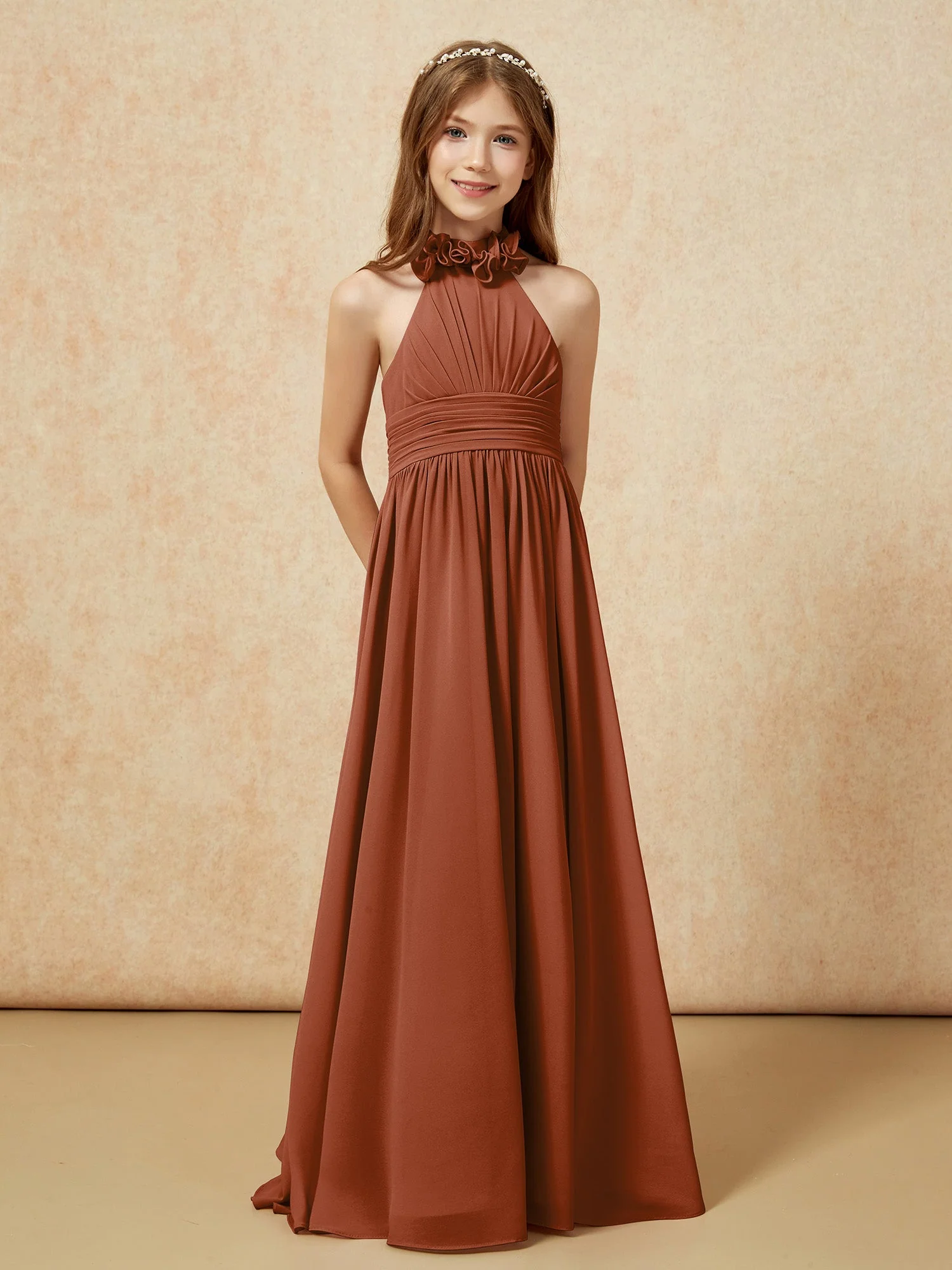 Halshalter Rückenfrei Lang Chiffon Junge Brautjungfernkleider Terrakotta - Image 5