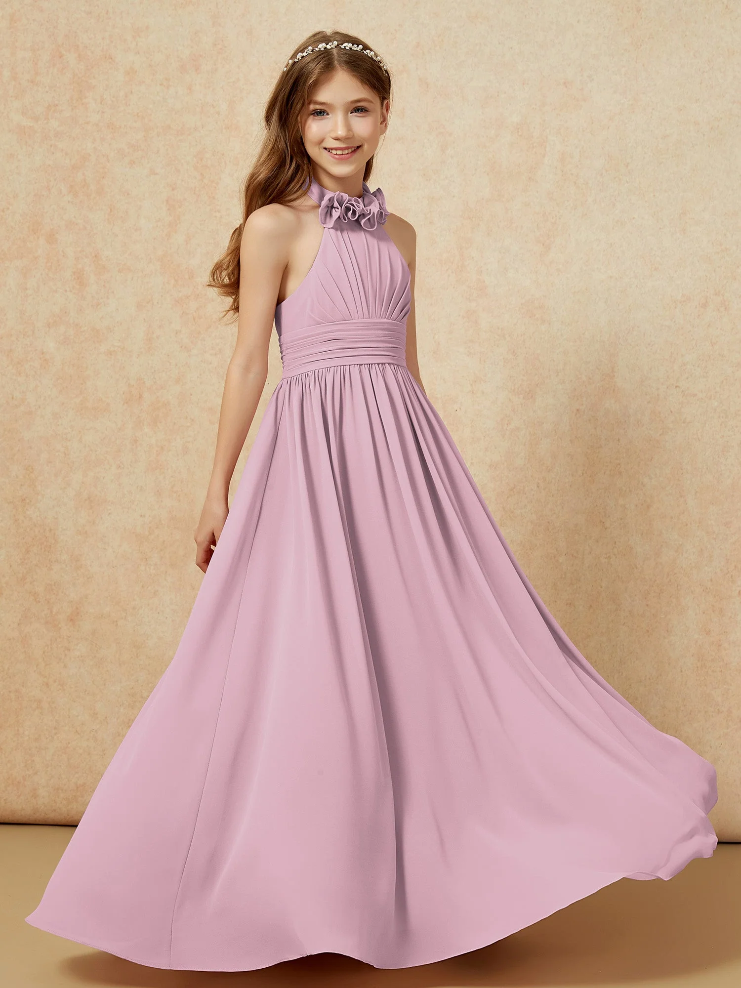 Halshalter Rückenfrei Lang Chiffon Junge Brautjungfernkleider Vintage Mauve