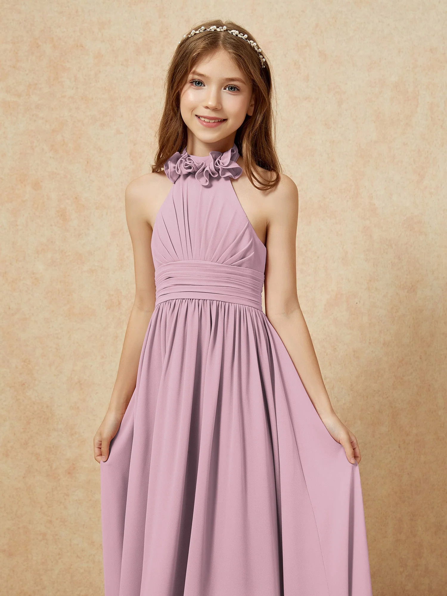 Halshalter Rückenfrei Lang Chiffon Junge Brautjungfernkleider Vintage Mauve - Image 6
