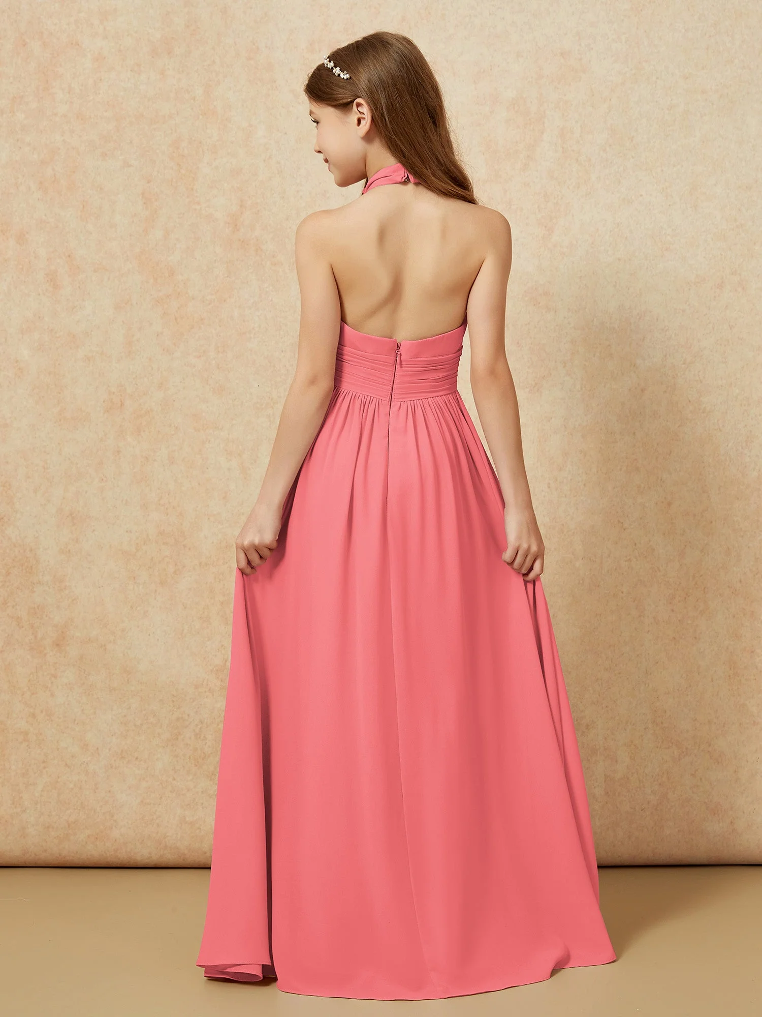 Halshalter Rückenfrei Lang Chiffon Junge Brautjungfernkleider Wassermelone - Image 2