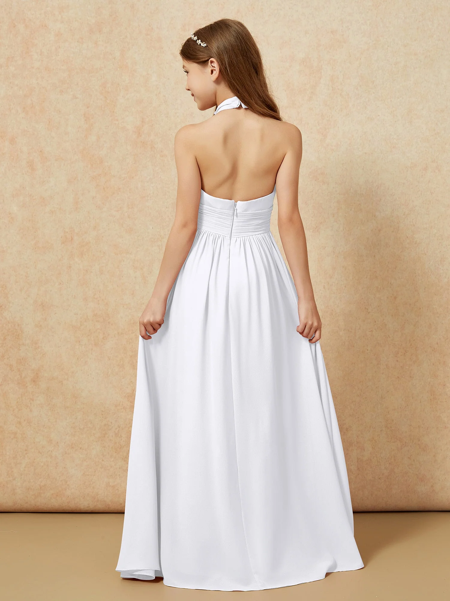 Halshalter Rückenfrei Lang Chiffon Junge Brautjungfernkleider Weiß - Image 2