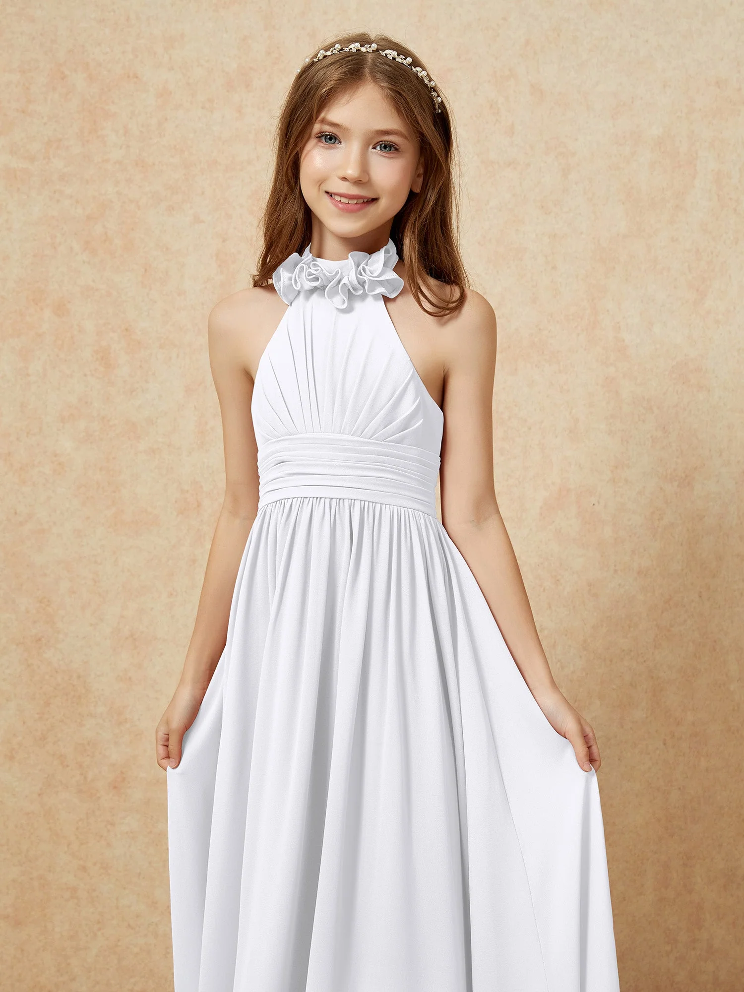 Halshalter Rückenfrei Lang Chiffon Junge Brautjungfernkleider Weiß - Image 6