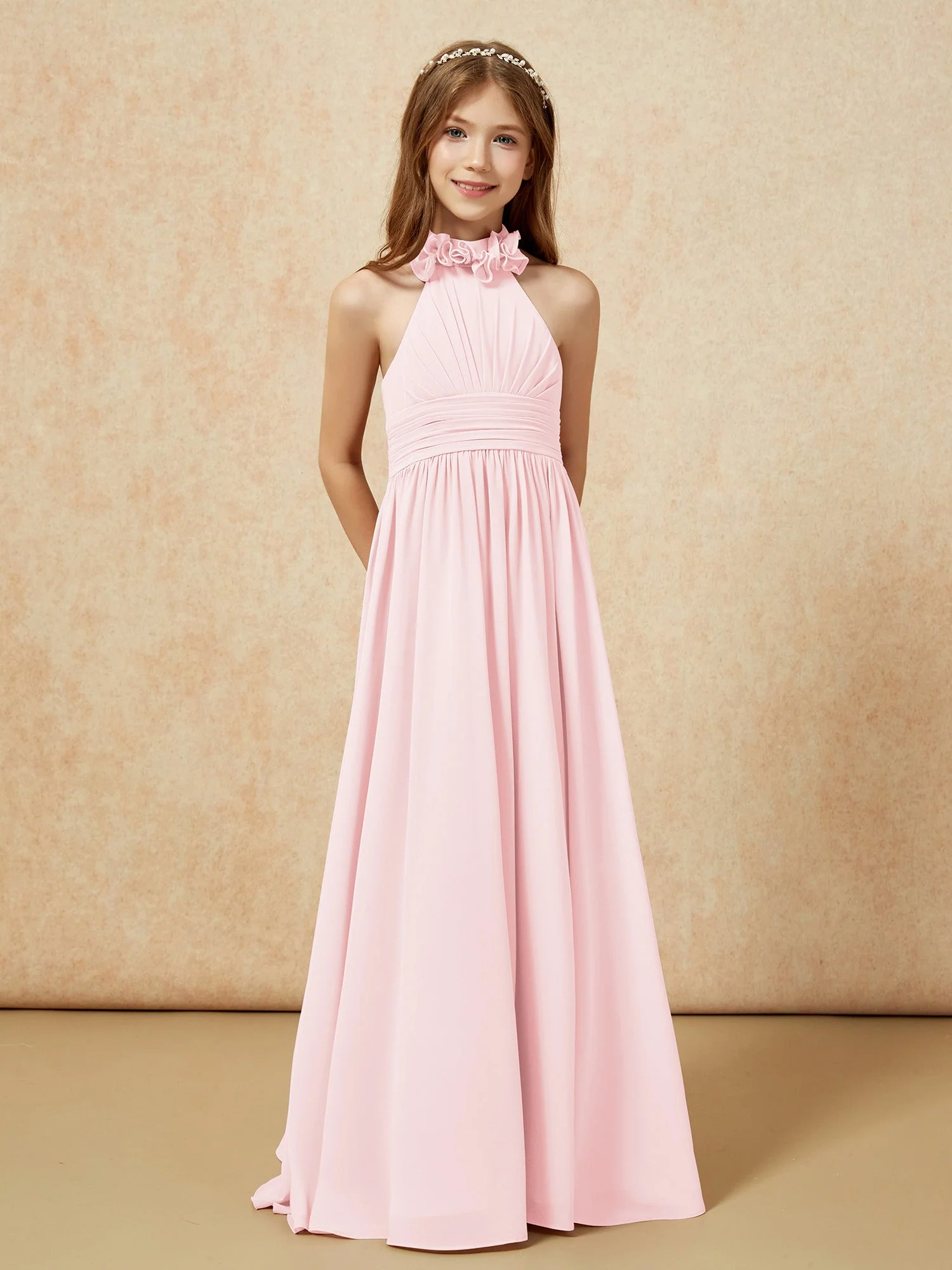 Halshalter Rückenfrei Lang Chiffon Junge Brautjungfernkleider Zartrosa - Image 5
