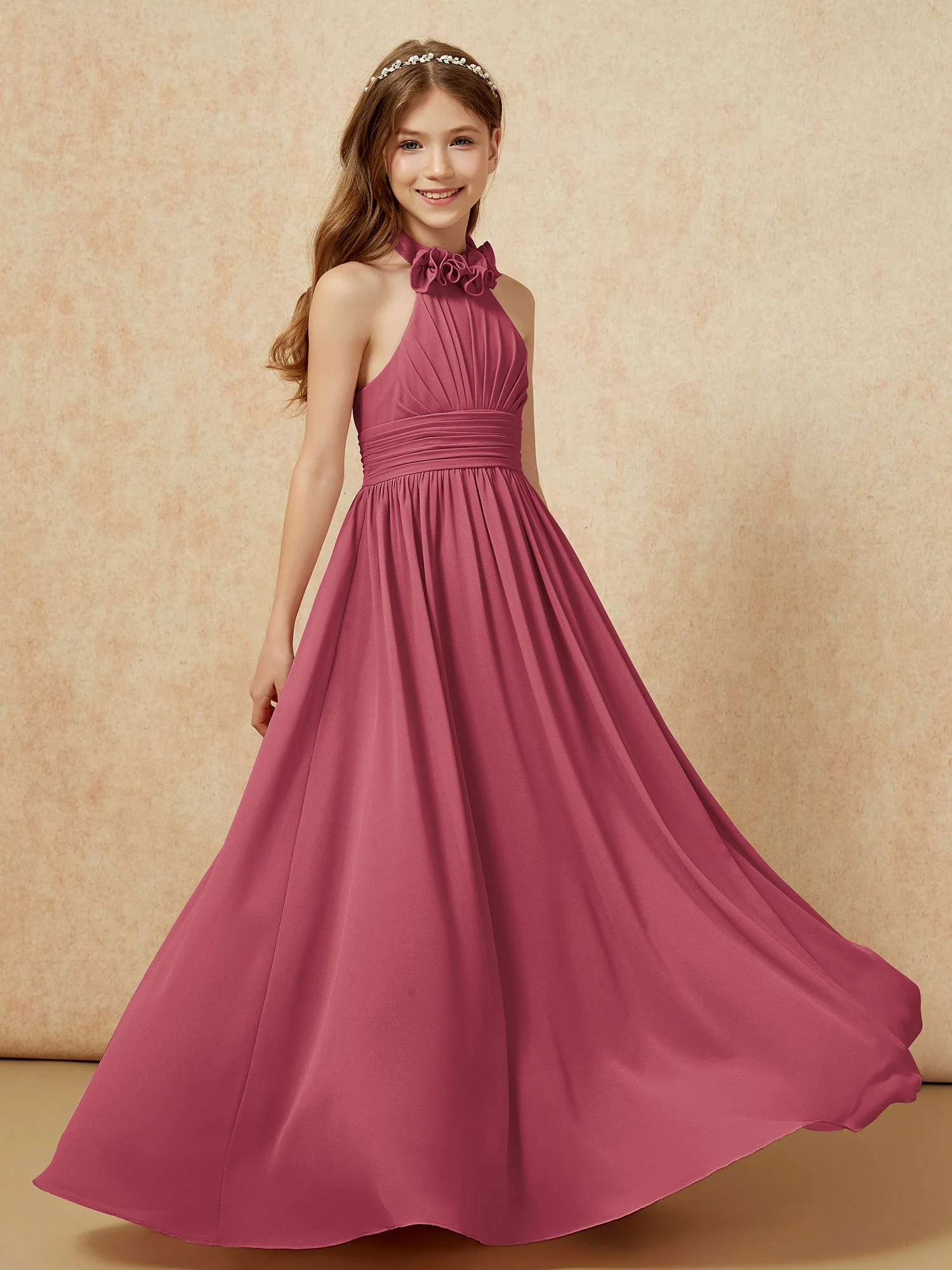 Halshalter Rückenfrei Lang Chiffon Junge Brautjungfernkleider Zimtrose