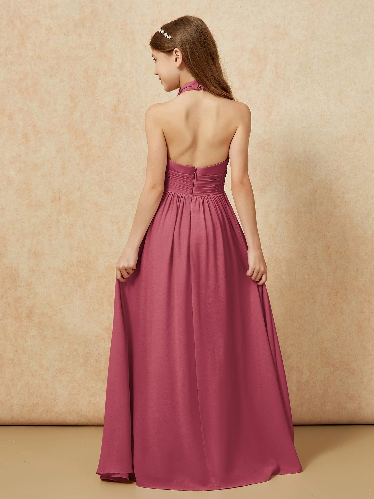 Halshalter Rückenfrei Lang Chiffon Junge Brautjungfernkleider Zimtrose - Image 2