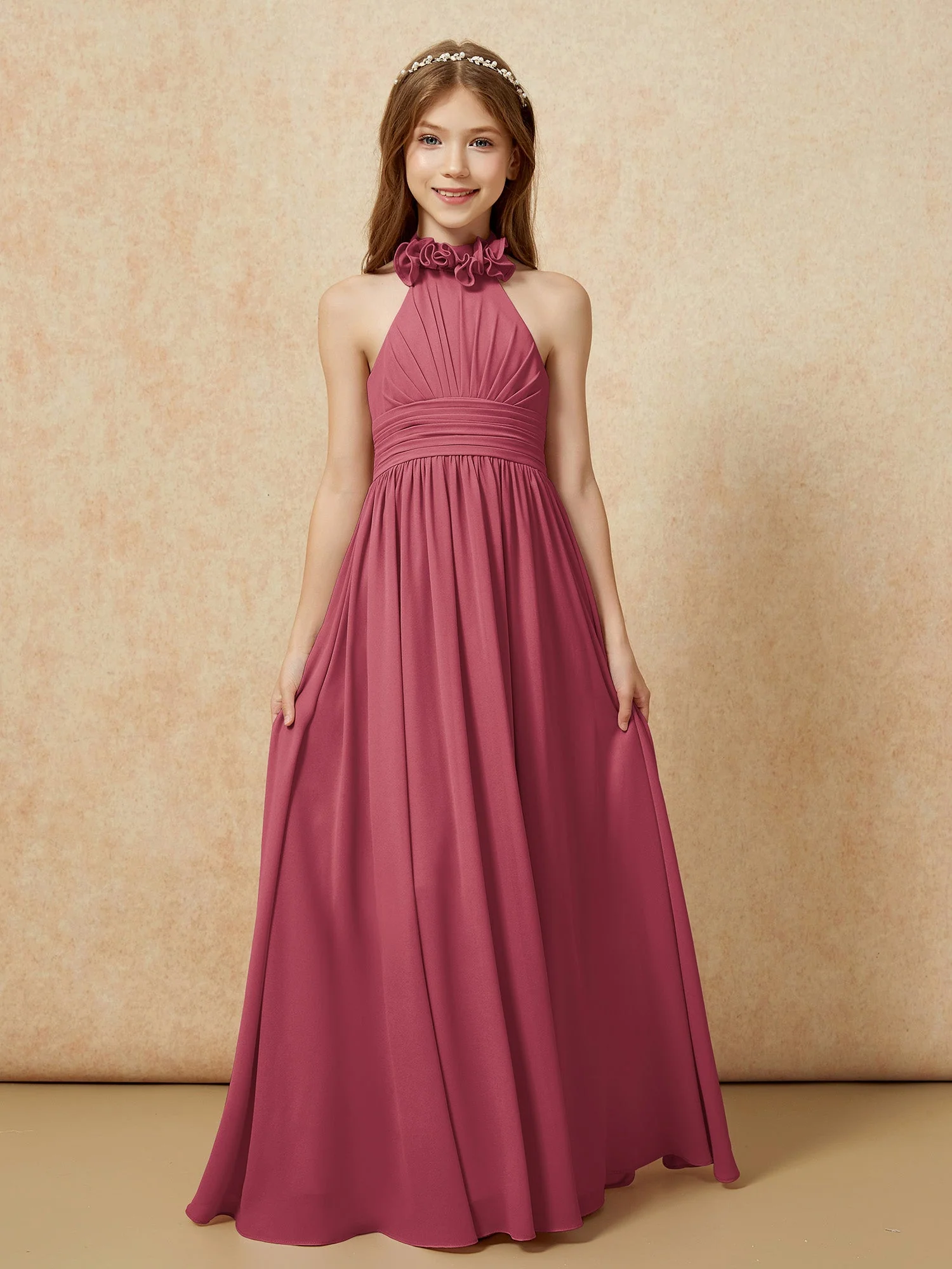 Halshalter Rückenfrei Lang Chiffon Junge Brautjungfernkleider Zimtrose - Image 4
