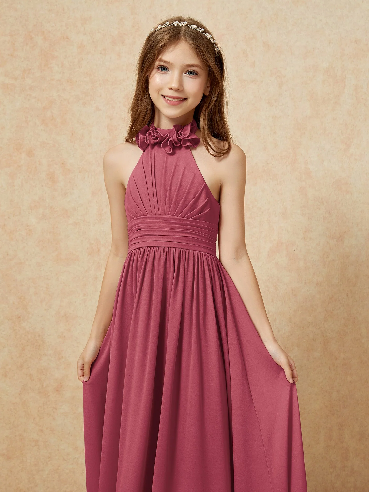 Halshalter Rückenfrei Lang Chiffon Junge Brautjungfernkleider Zimtrose - Image 6