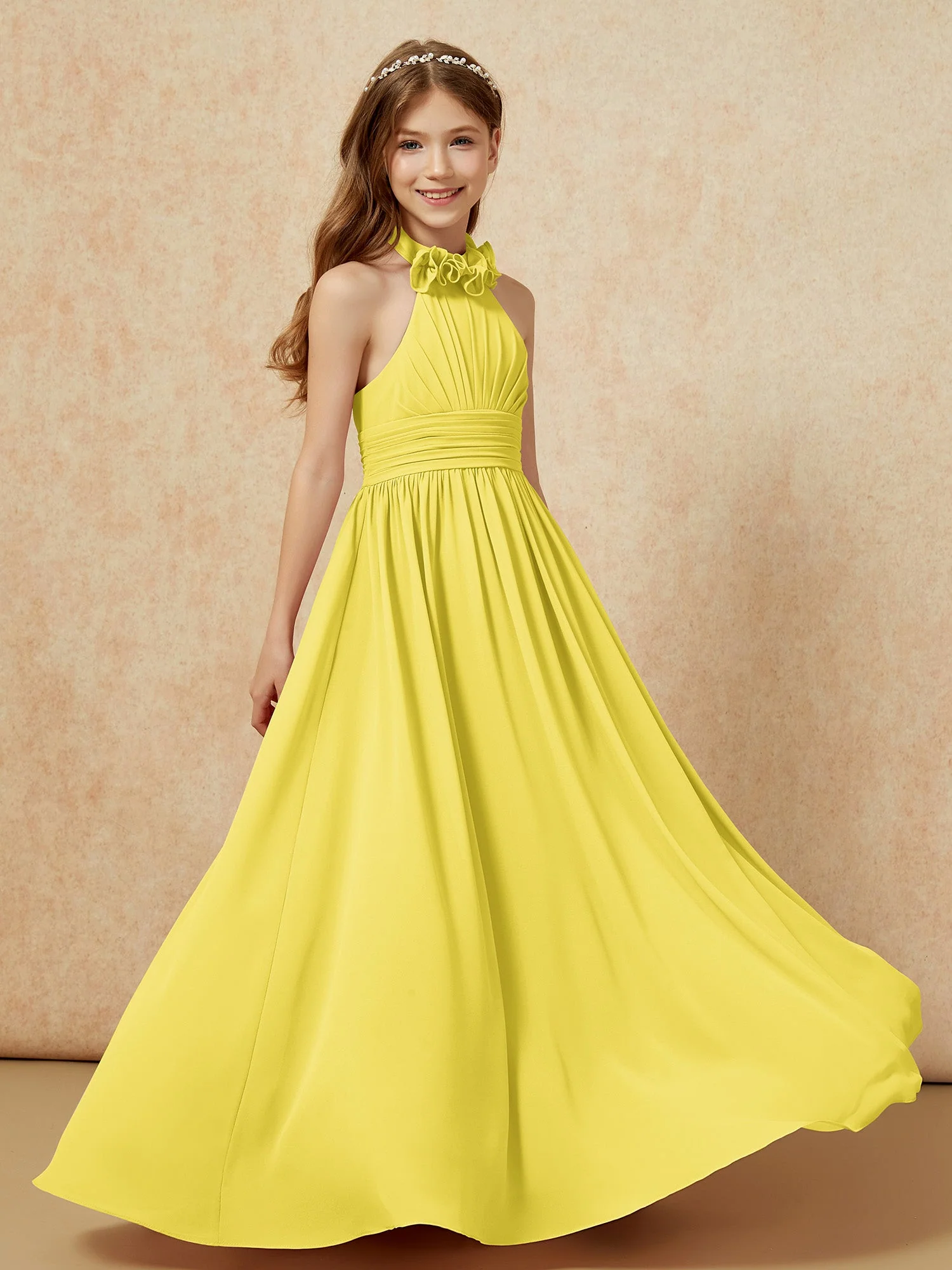 Halshalter Rückenfrei Lang Chiffon Junge Brautjungfernkleider Zitrone
