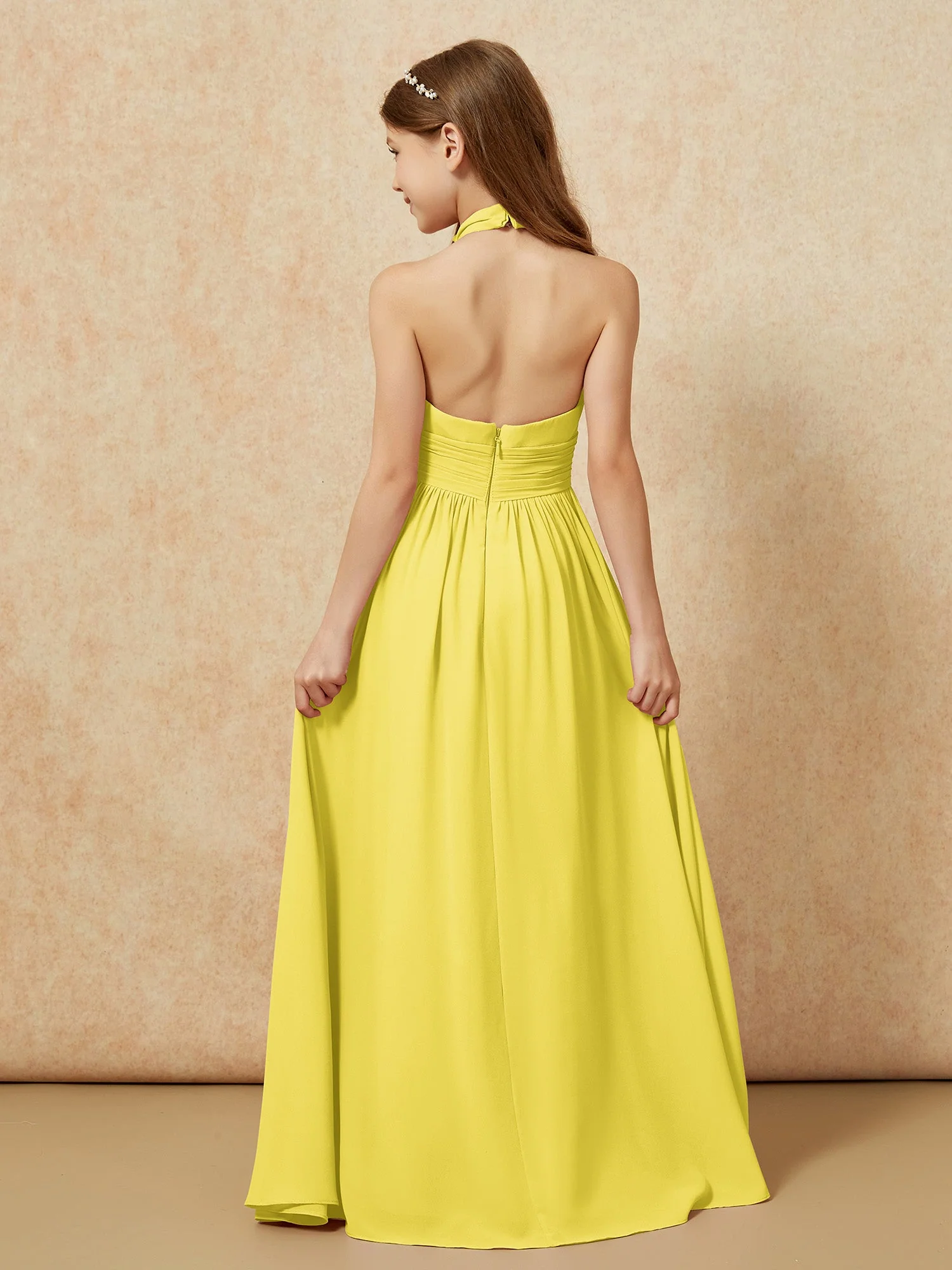 Halshalter Rückenfrei Lang Chiffon Junge Brautjungfernkleider Zitrone - Image 2