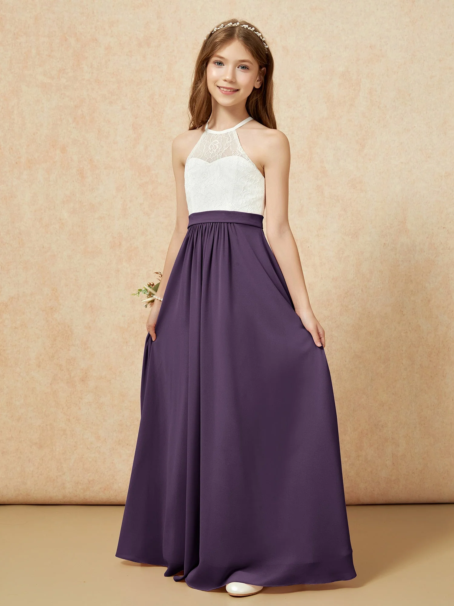 Halshalter Spitzen Oberteil Ärmellos Junge Brautjungfernkleider Plum - Image 3