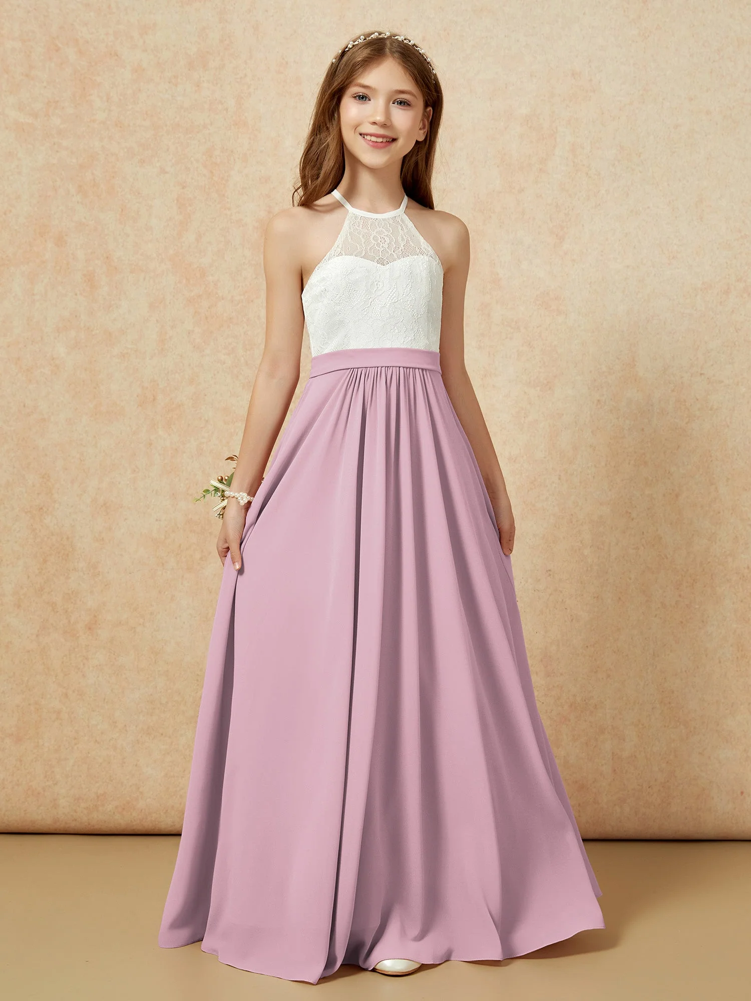 Halshalter Spitzen Oberteil Ärmellos Junge Brautjungfernkleider Vintage Mauve