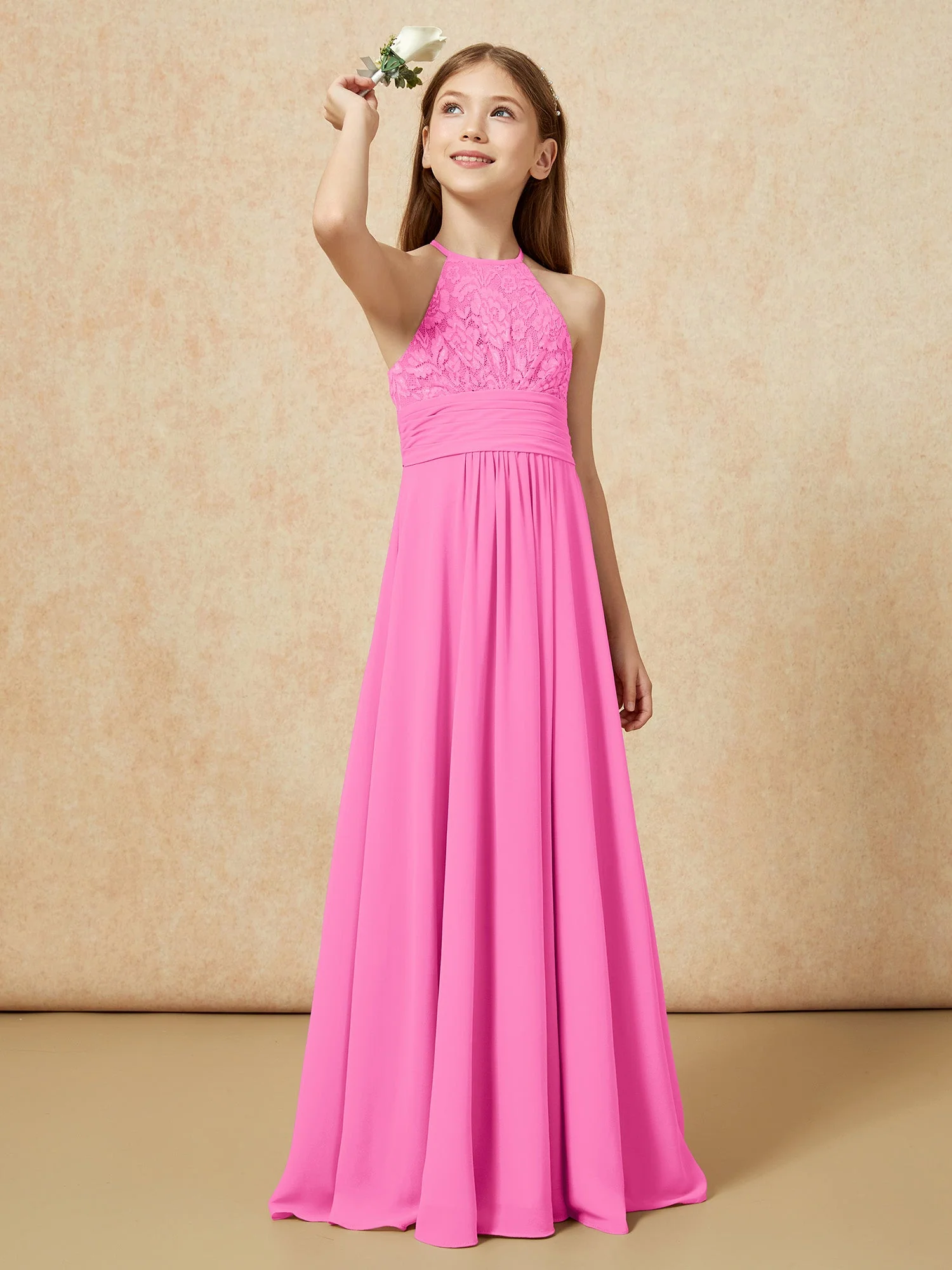 Halshalter Spitzen Oberteil Chiffon Junge Brautjungfernkleider Azalee