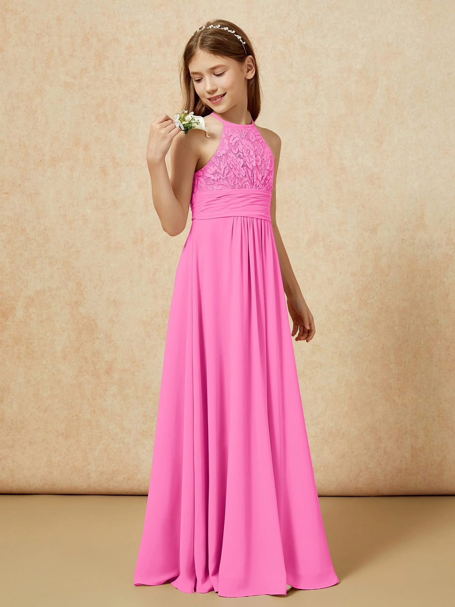 Halshalter Spitzen Oberteil Chiffon Junge Brautjungfernkleider Azalee - Image 3