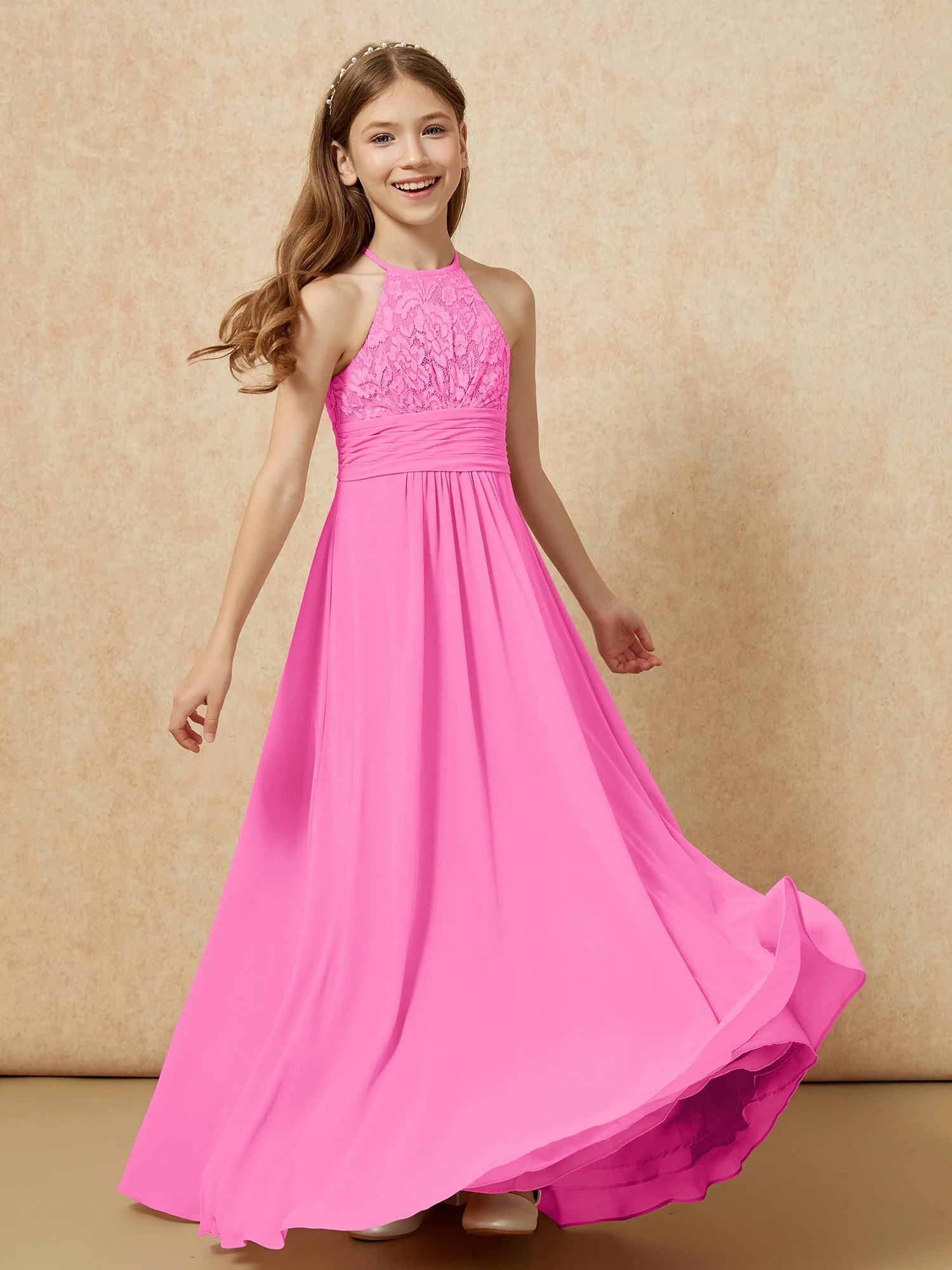 Halshalter Spitzen Oberteil Chiffon Junge Brautjungfernkleider Azalee - Image 4