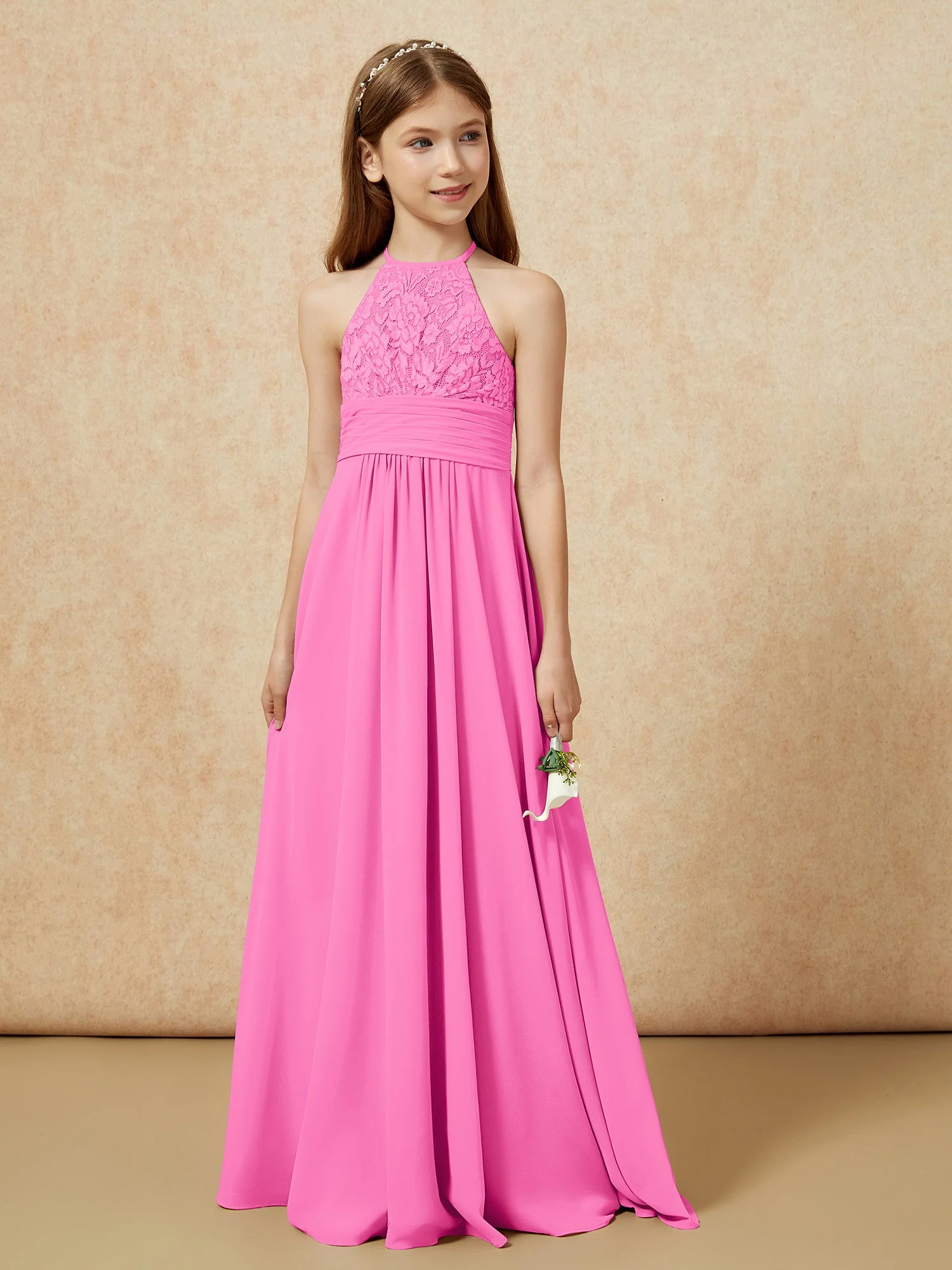 Halshalter Spitzen Oberteil Chiffon Junge Brautjungfernkleider Azalee - Image 5