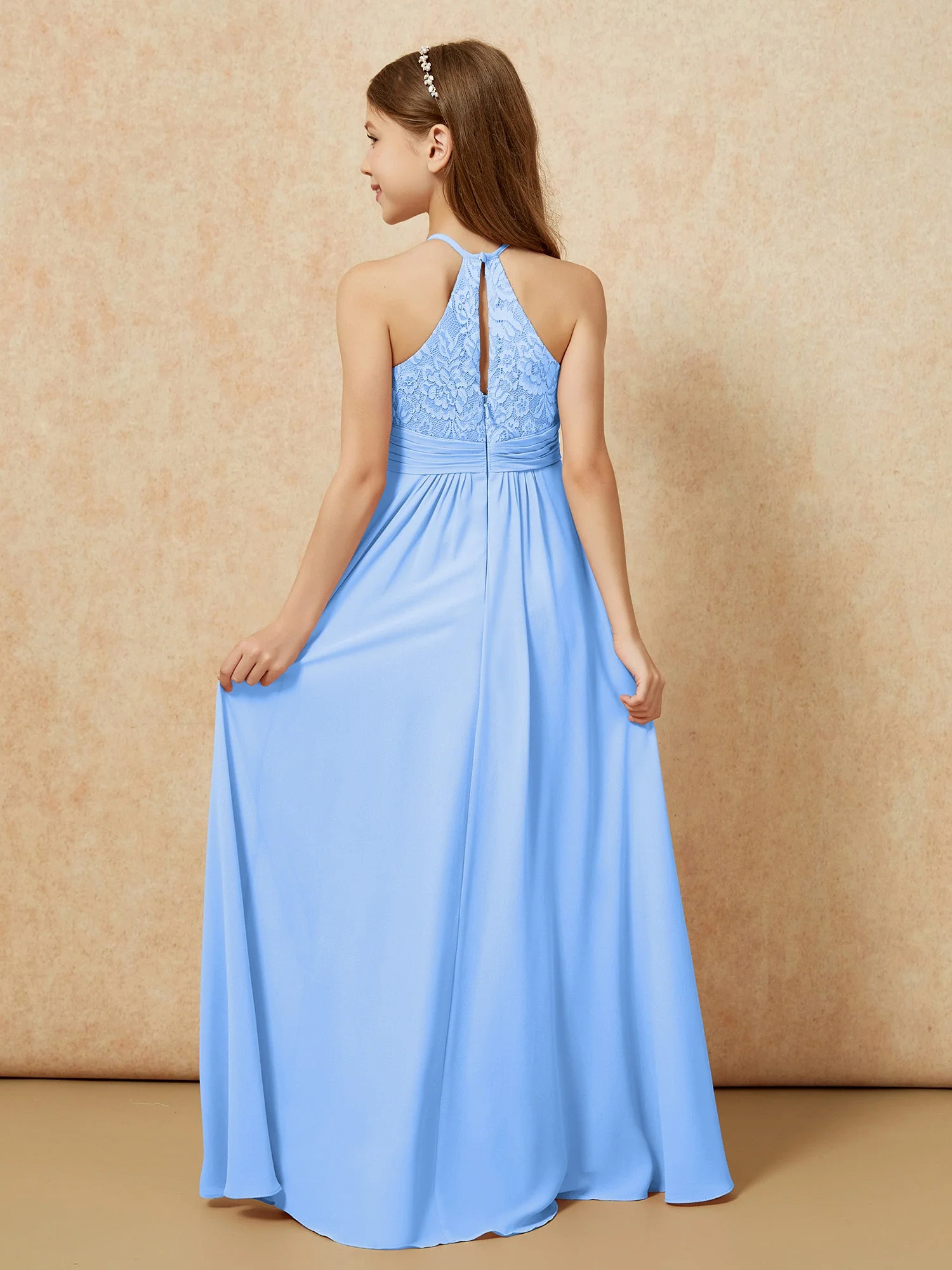 Halshalter Spitzen Oberteil Chiffon Junge Brautjungfernkleider Blau - Image 2