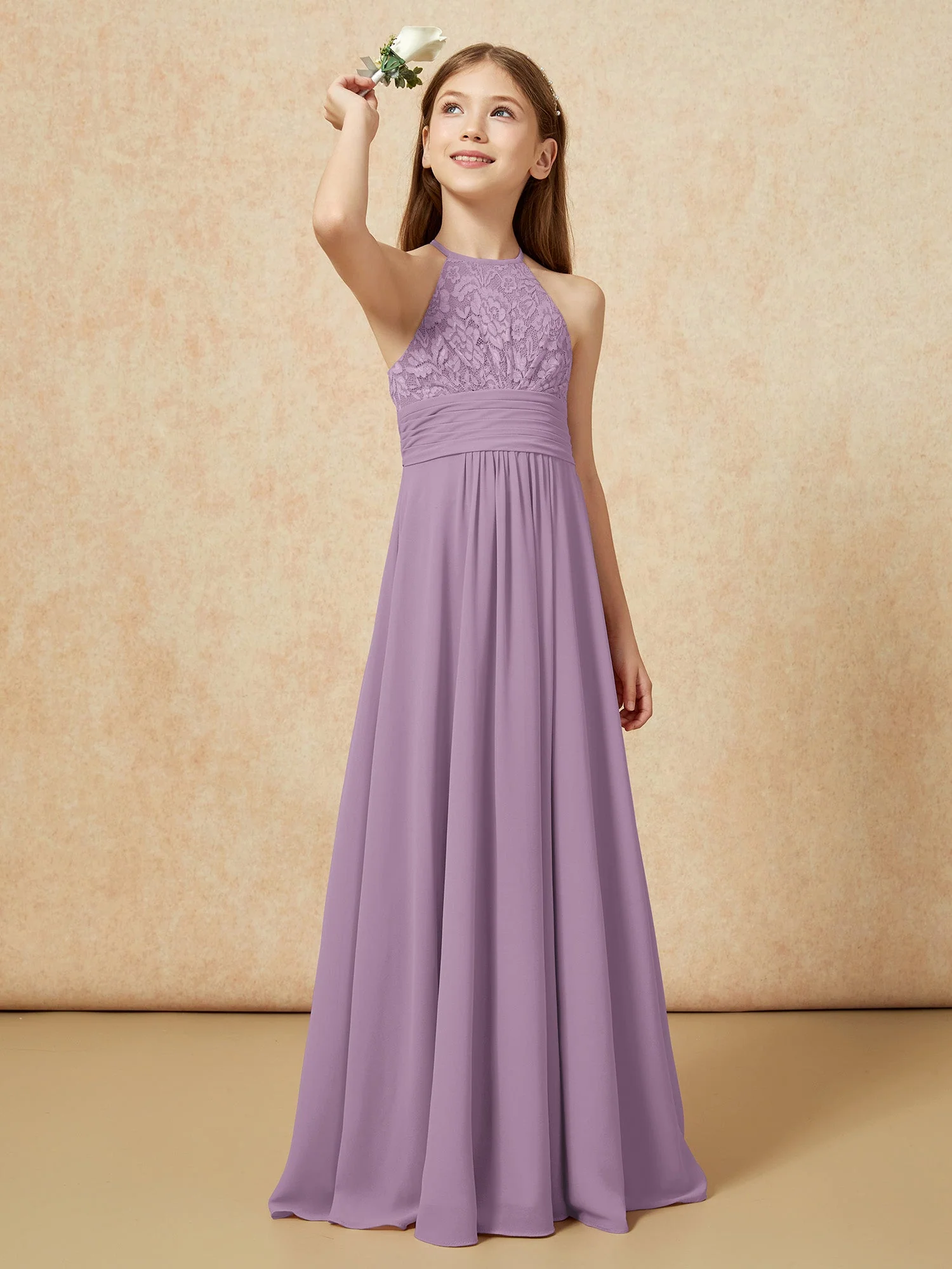 Halshalter Spitzen Oberteil Chiffon Junge Brautjungfernkleider Blauregen
