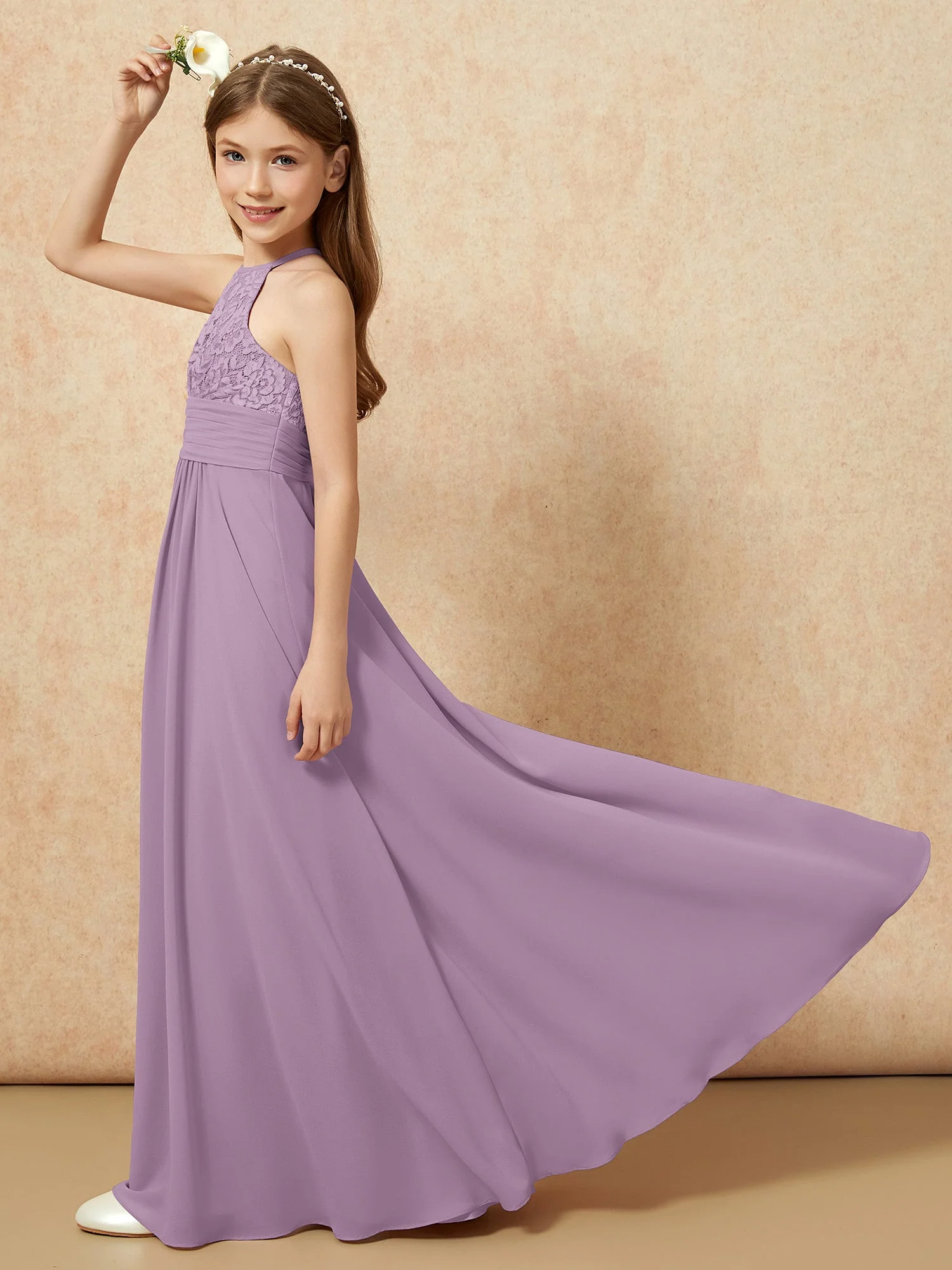 Halshalter Spitzen Oberteil Chiffon Junge Brautjungfernkleider Blauregen - Image 6