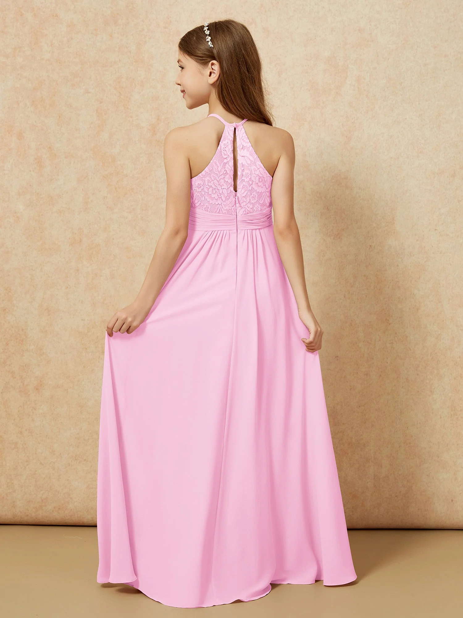 Halshalter Spitzen Oberteil Chiffon Junge Brautjungfernkleider Bonbonrosa - Image 2