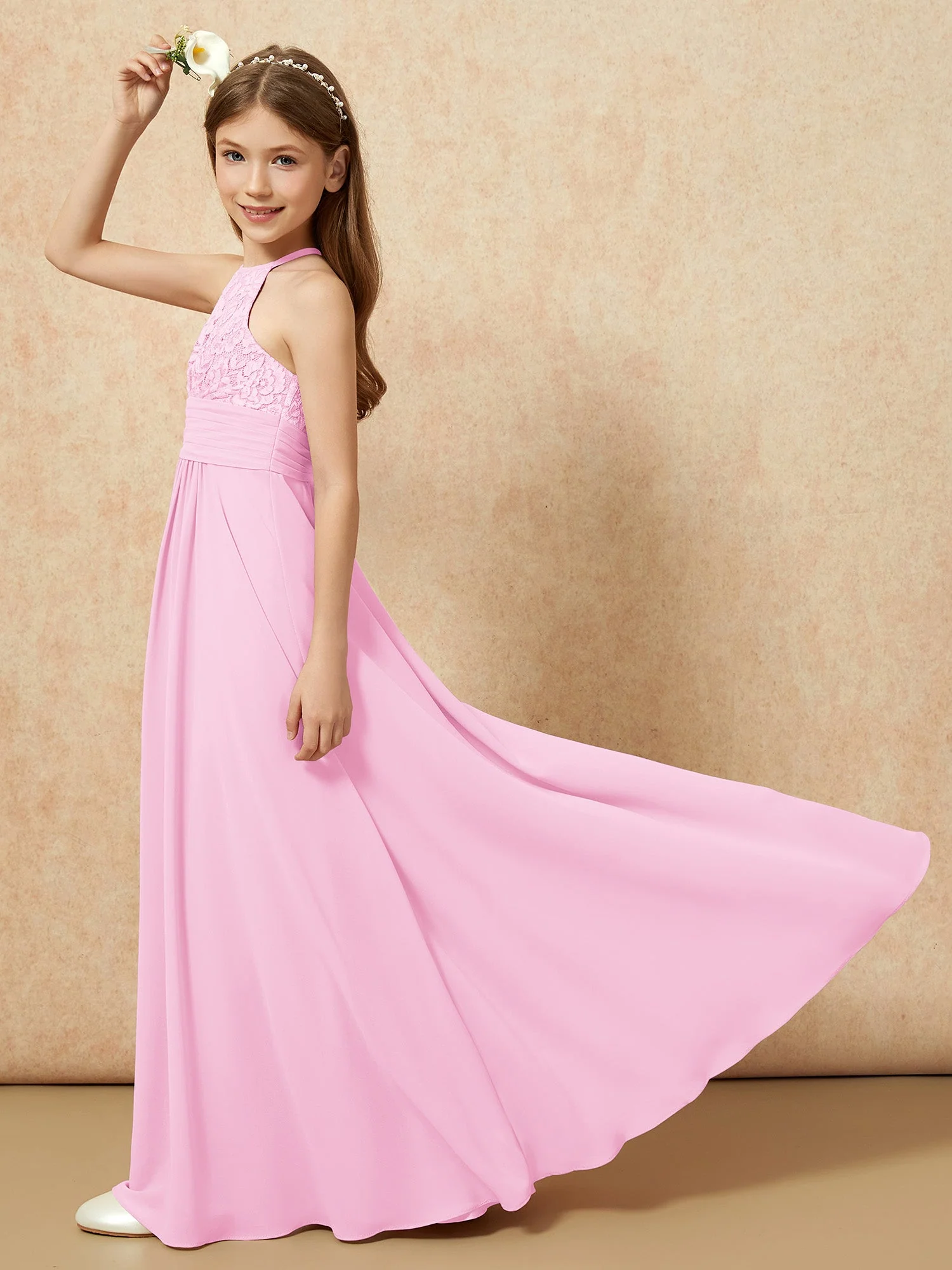 Halshalter Spitzen Oberteil Chiffon Junge Brautjungfernkleider Bonbonrosa - Image 6