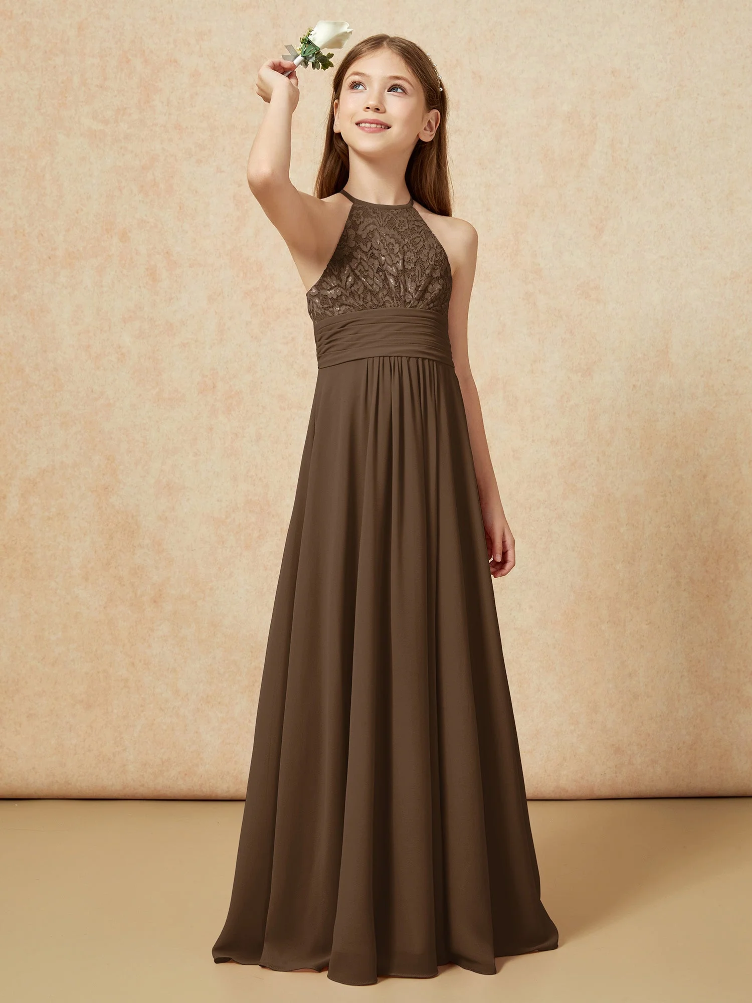 Halshalter Spitzen Oberteil Chiffon Junge Brautjungfernkleider Braun
