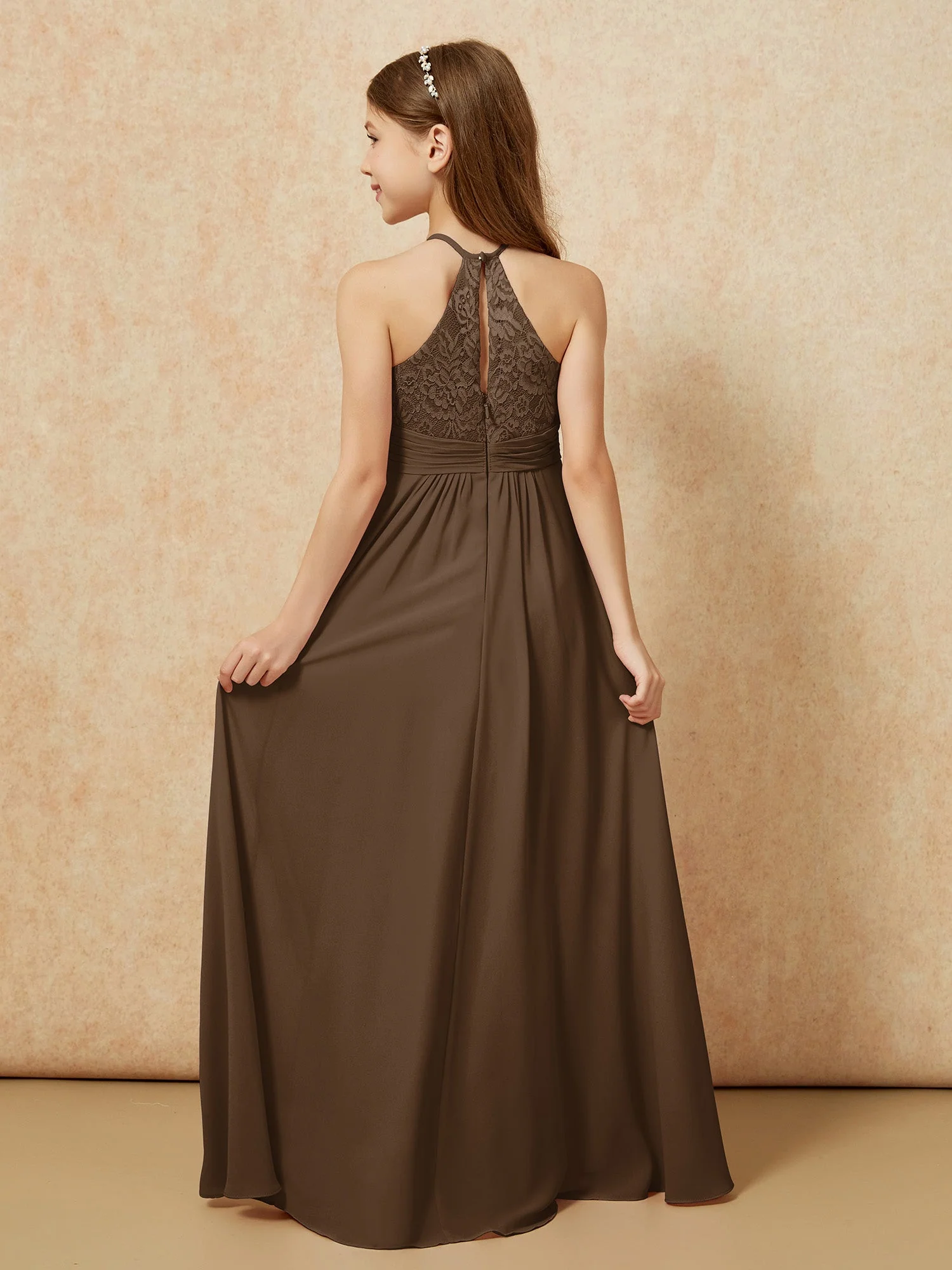 Halshalter Spitzen Oberteil Chiffon Junge Brautjungfernkleider Braun - Image 2