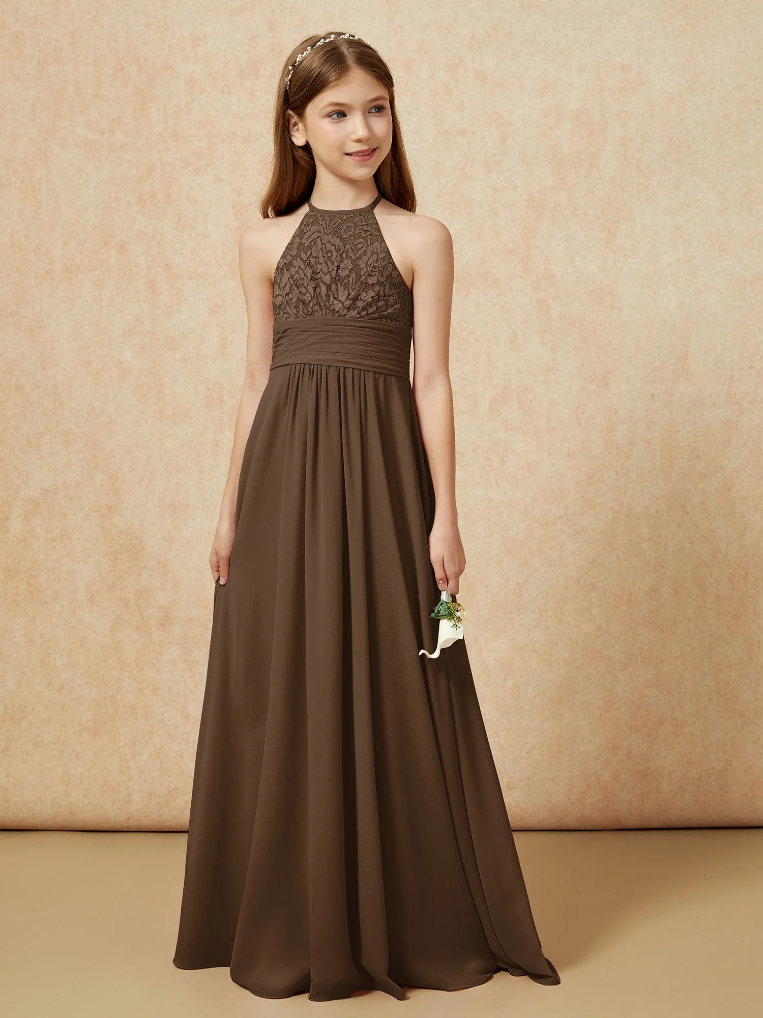 Halshalter Spitzen Oberteil Chiffon Junge Brautjungfernkleider Braun - Image 5