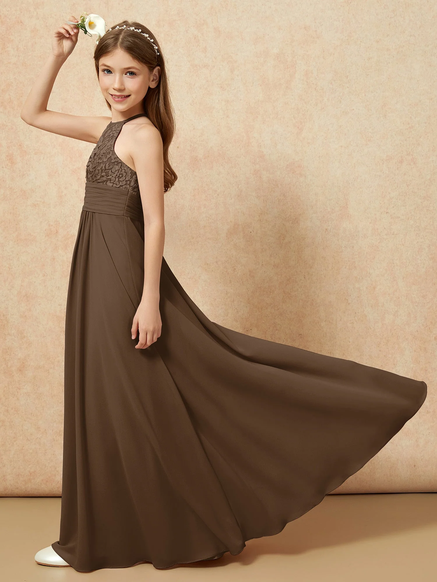 Halshalter Spitzen Oberteil Chiffon Junge Brautjungfernkleider Braun - Image 6