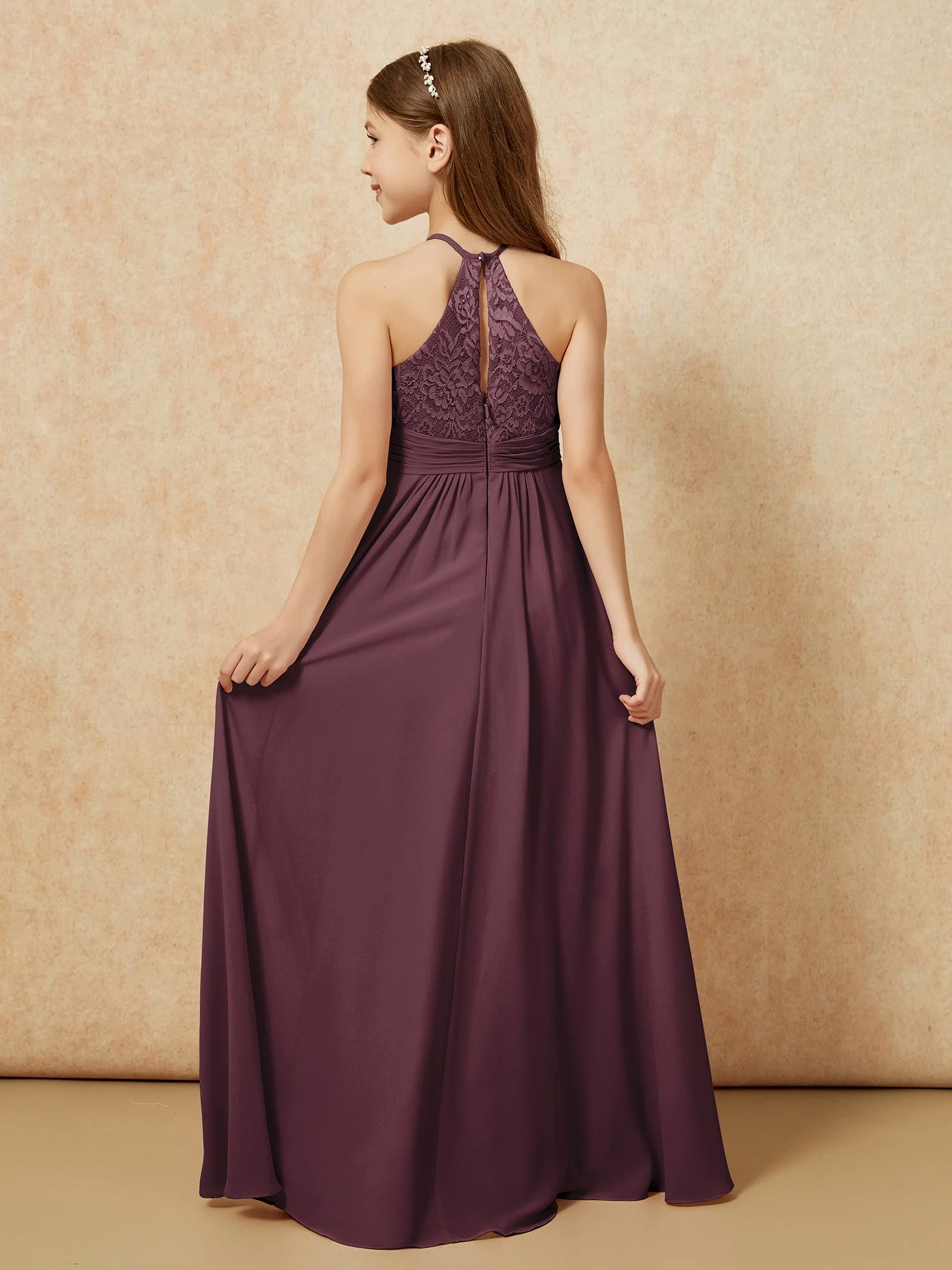 Halshalter Spitzen Oberteil Chiffon Junge Brautjungfernkleider Cabernet - Image 2