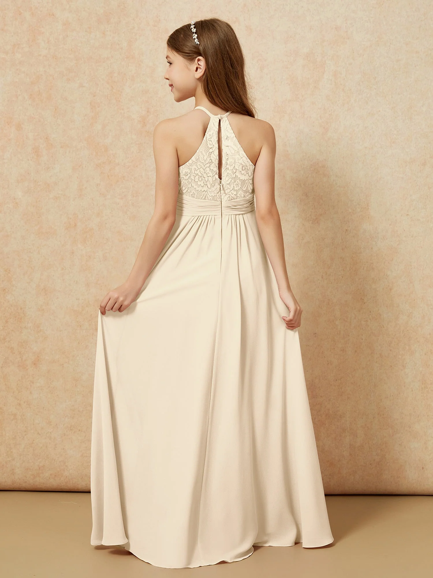 Halshalter Spitzen Oberteil Chiffon Junge Brautjungfernkleider Champagner - Image 2