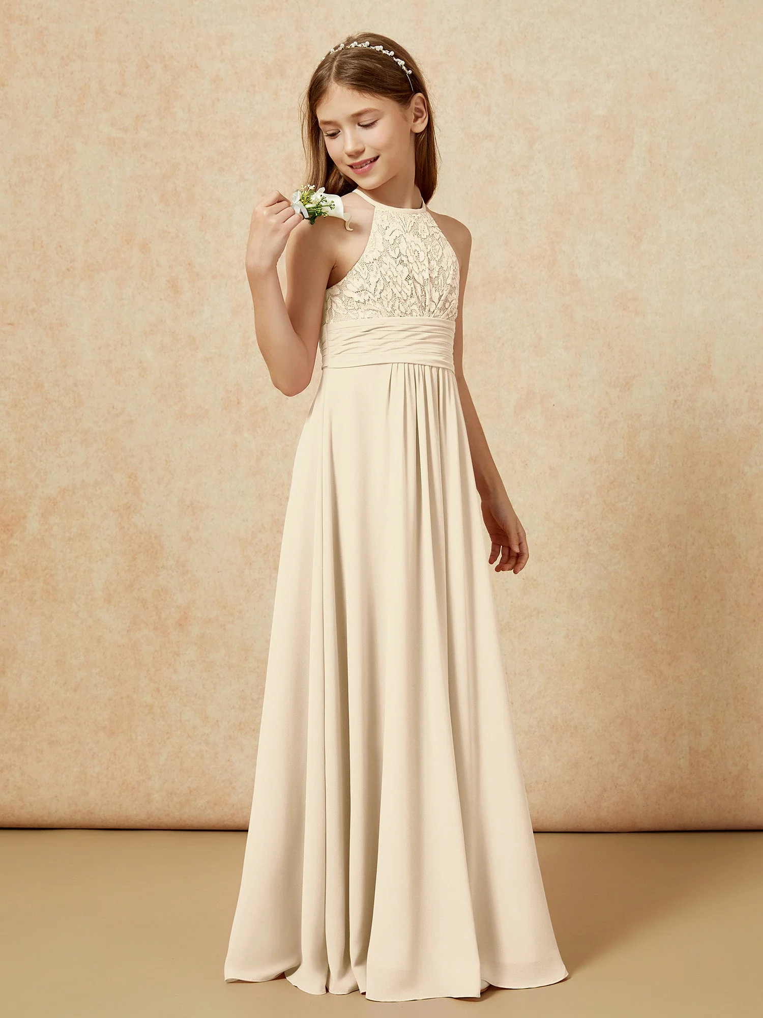 Halshalter Spitzen Oberteil Chiffon Junge Brautjungfernkleider Champagner - Image 3