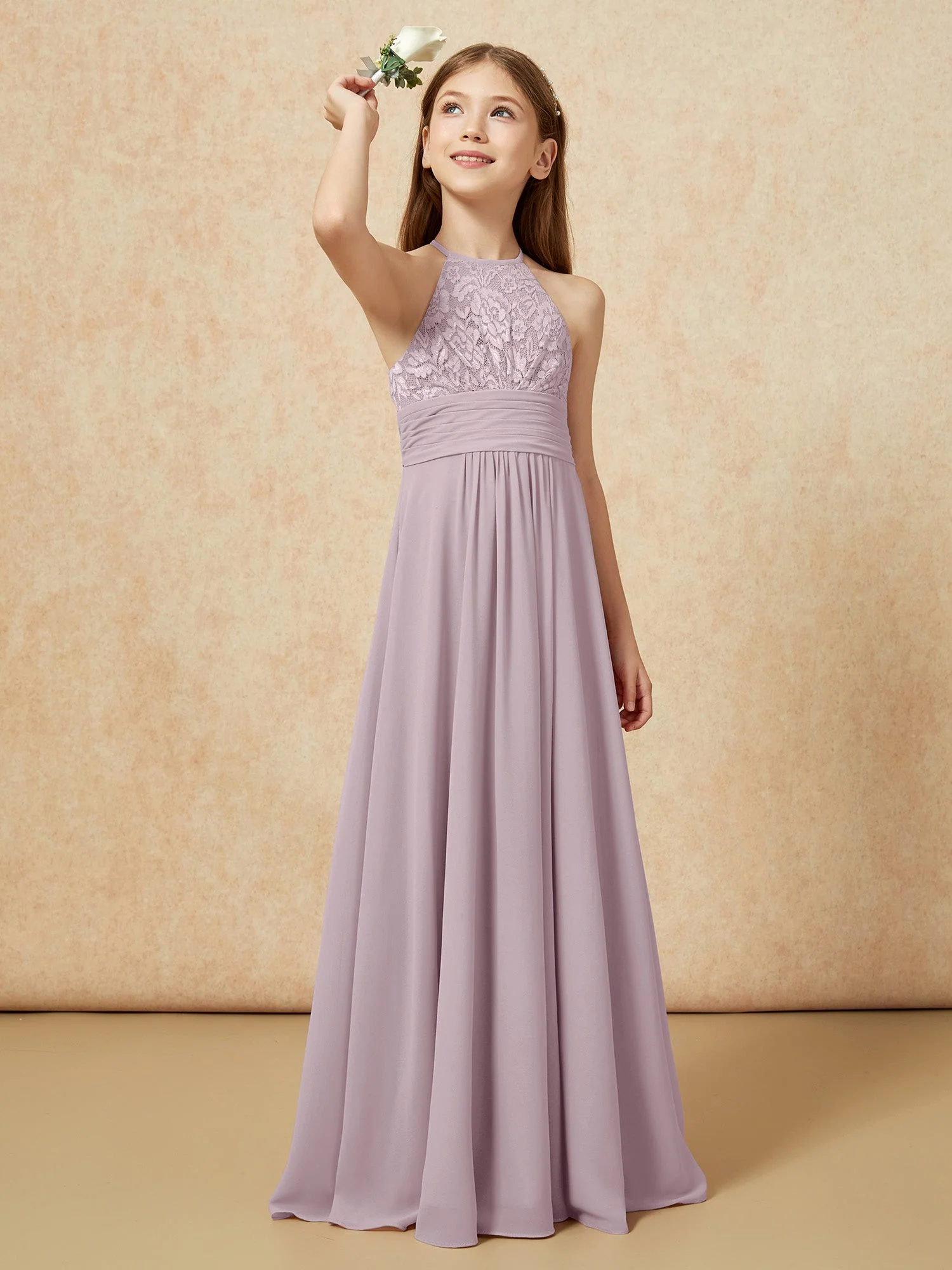 Halshalter Spitzen Oberteil Chiffon Junge Brautjungfernkleider Dämmerung