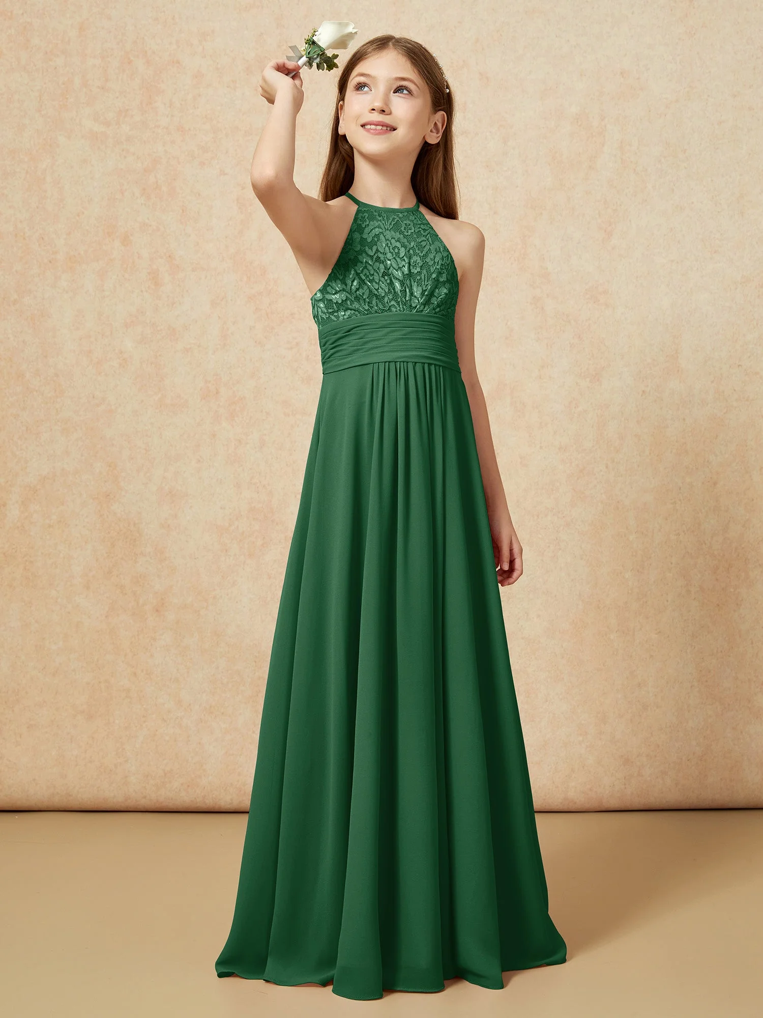 Halshalter Spitzen Oberteil Chiffon Junge Brautjungfernkleider Dunkelgrün