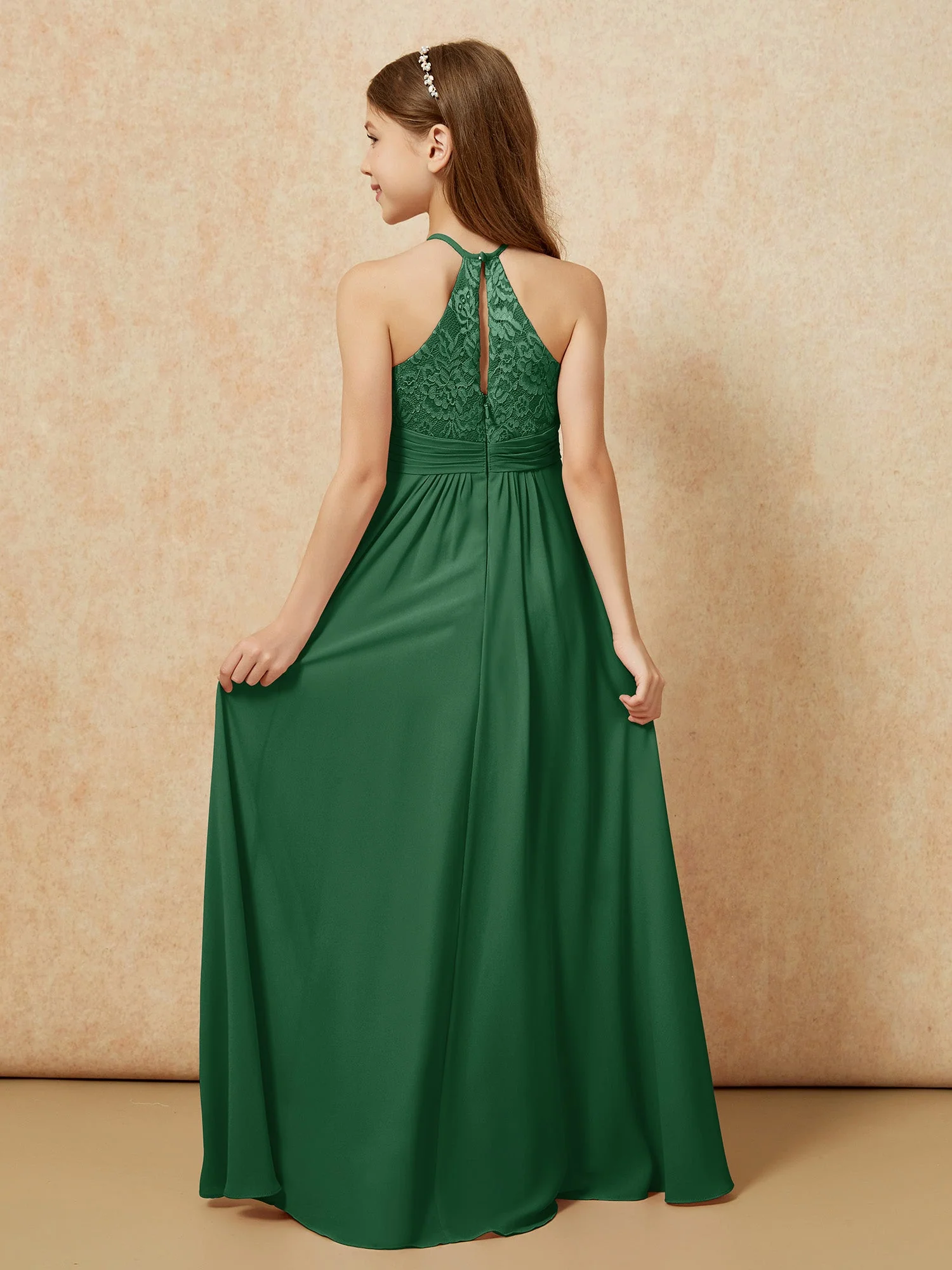 Halshalter Spitzen Oberteil Chiffon Junge Brautjungfernkleider Dunkelgrün - Image 2