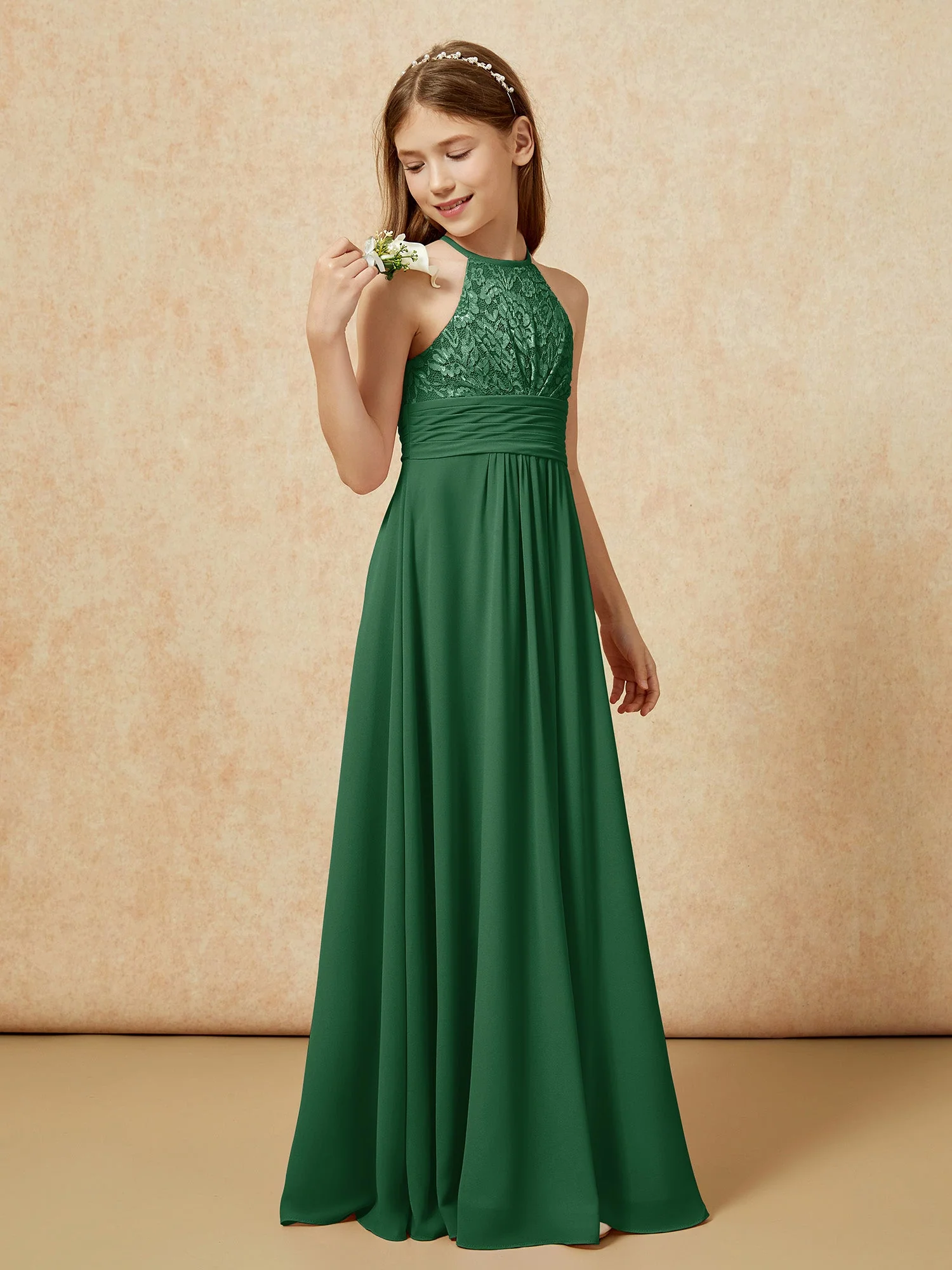 Halshalter Spitzen Oberteil Chiffon Junge Brautjungfernkleider Dunkelgrün - Image 3