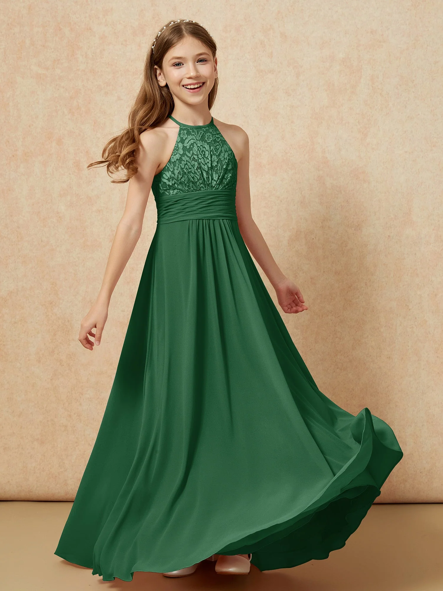 Halshalter Spitzen Oberteil Chiffon Junge Brautjungfernkleider Dunkelgrün - Image 4