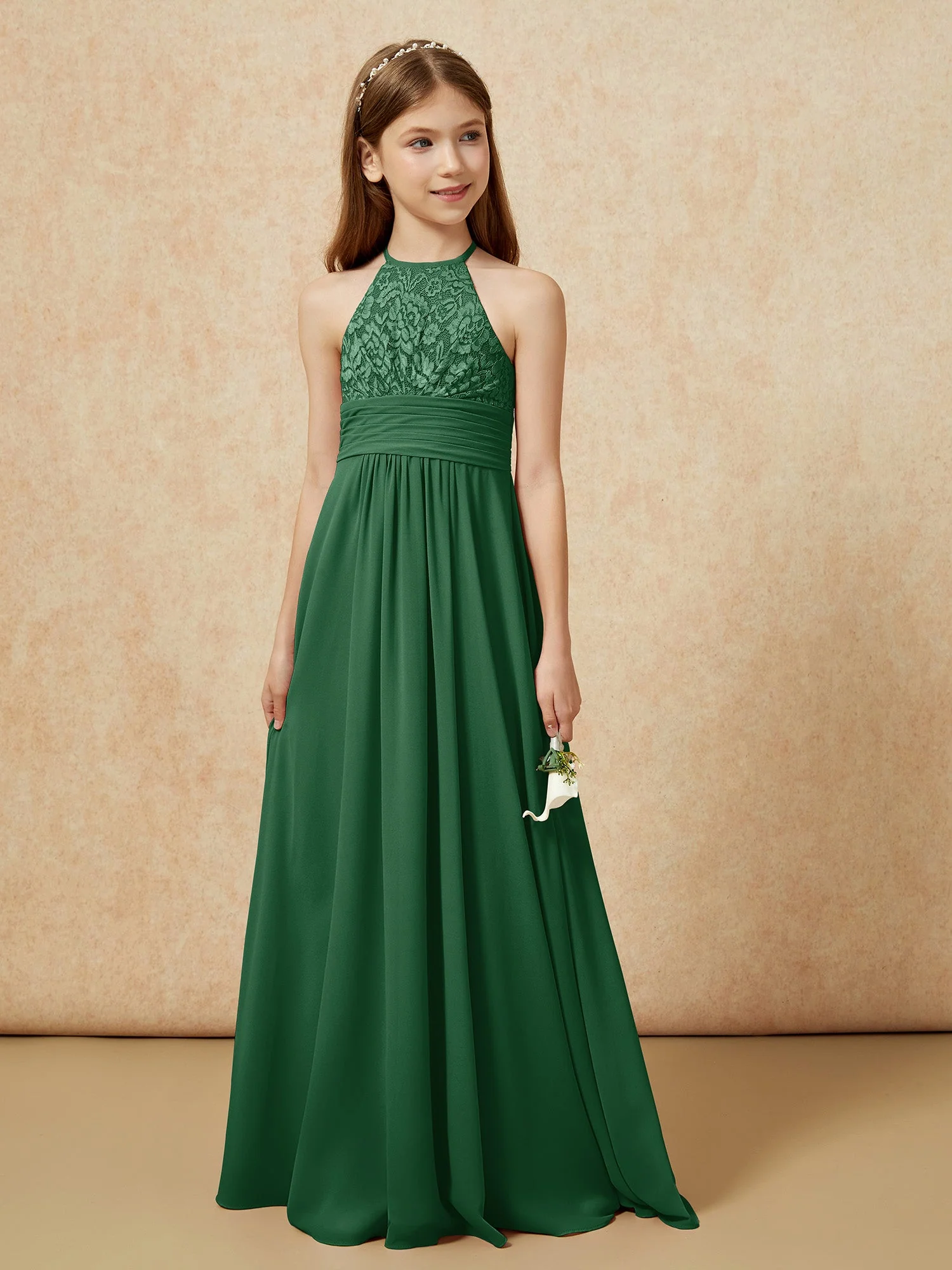 Halshalter Spitzen Oberteil Chiffon Junge Brautjungfernkleider Dunkelgrün - Image 5