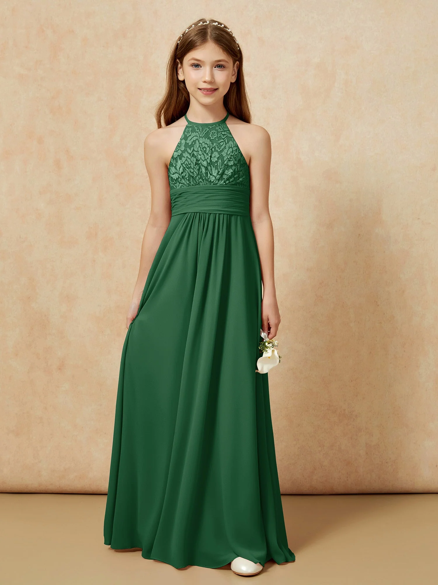 Halshalter Spitzen Oberteil Chiffon Junge Brautjungfernkleider Dunkelgrün - Image 7