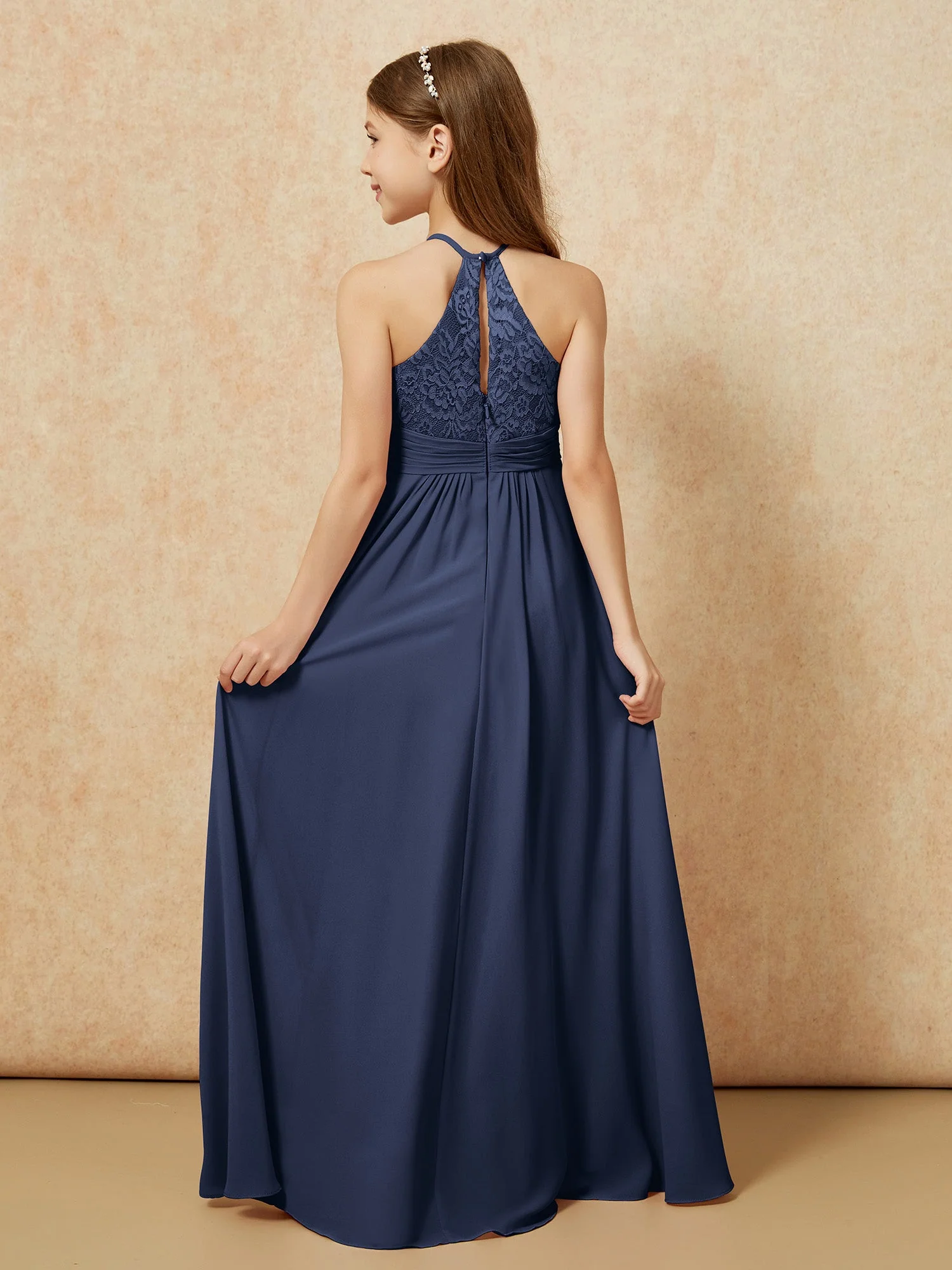 Halshalter Spitzen Oberteil Chiffon Junge Brautjungfernkleider Dunkelmarine - Image 2