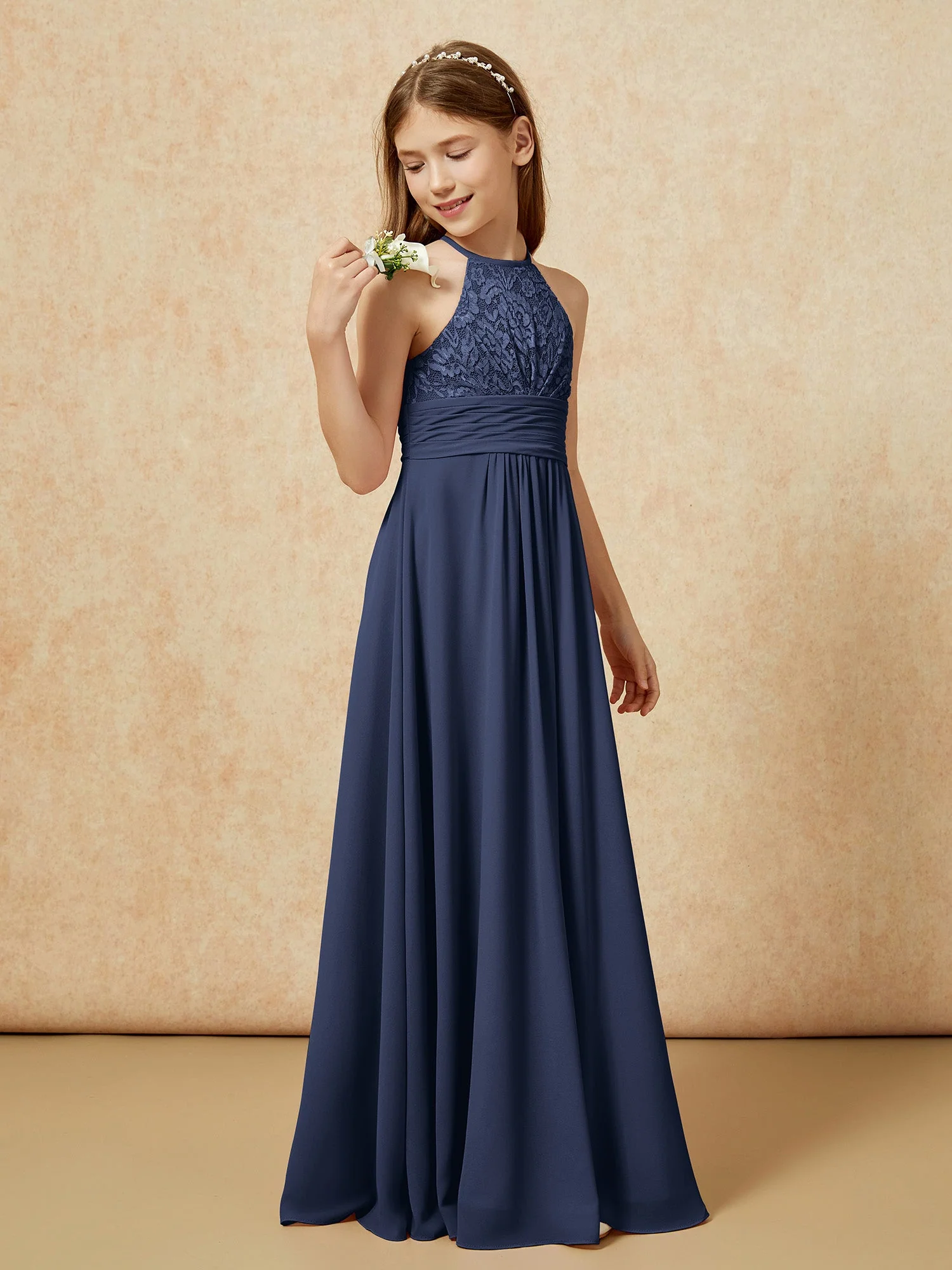 Halshalter Spitzen Oberteil Chiffon Junge Brautjungfernkleider Dunkelmarine - Image 3