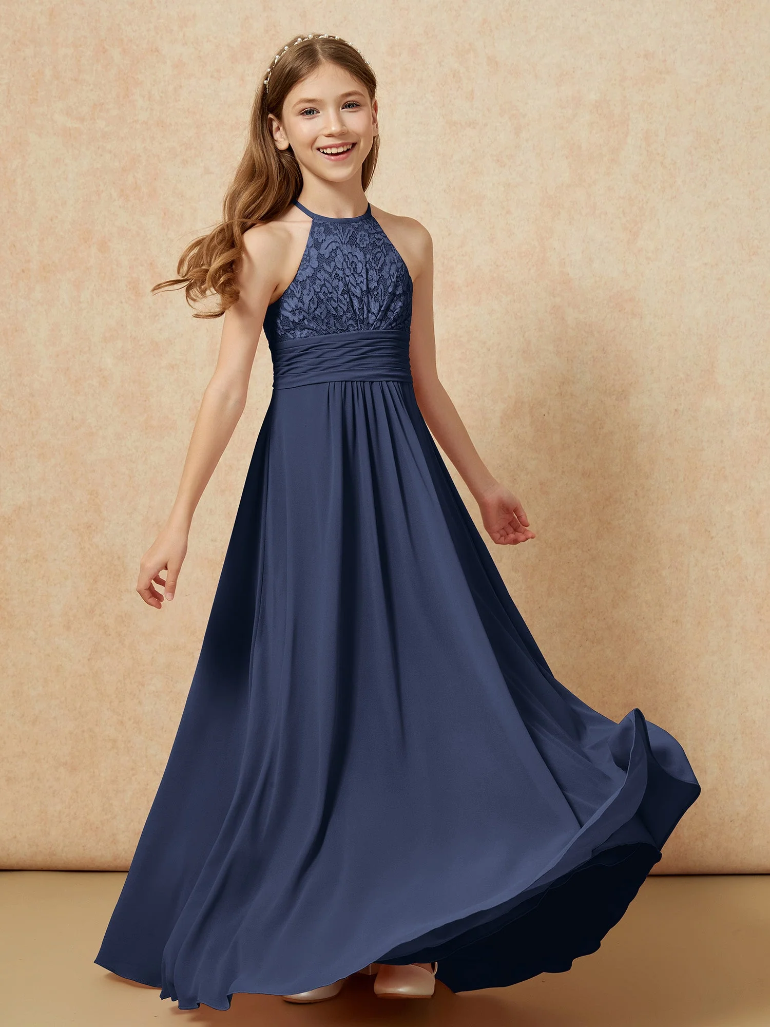 Halshalter Spitzen Oberteil Chiffon Junge Brautjungfernkleider Dunkelmarine - Image 4
