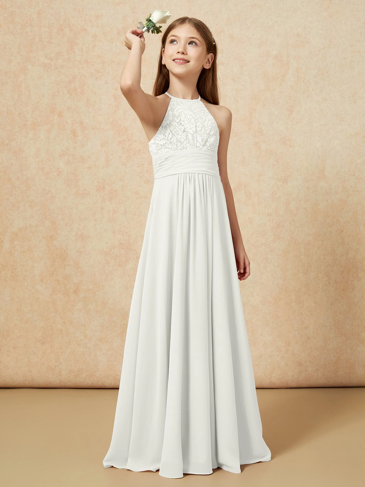 Halshalter Spitzen Oberteil Chiffon Junge Brautjungfernkleider Elfenbein