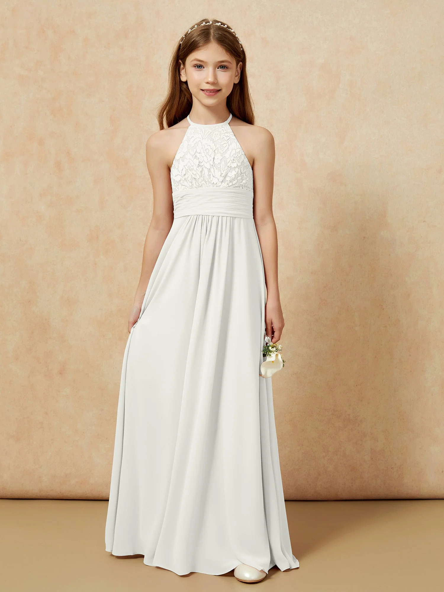 Halshalter Spitzen Oberteil Chiffon Junge Brautjungfernkleider Elfenbein - Image 7