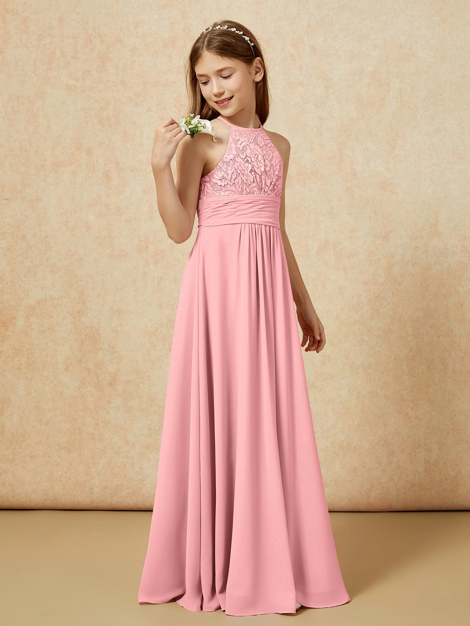 Halshalter Spitzen Oberteil Chiffon Junge Brautjungfernkleider Flamingo - Image 3
