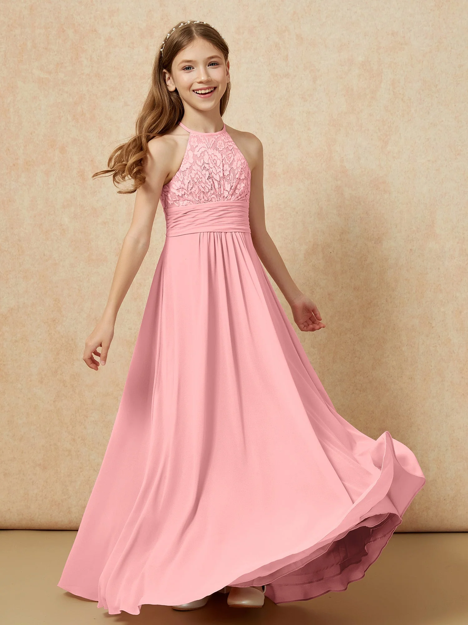 Halshalter Spitzen Oberteil Chiffon Junge Brautjungfernkleider Flamingo - Image 4