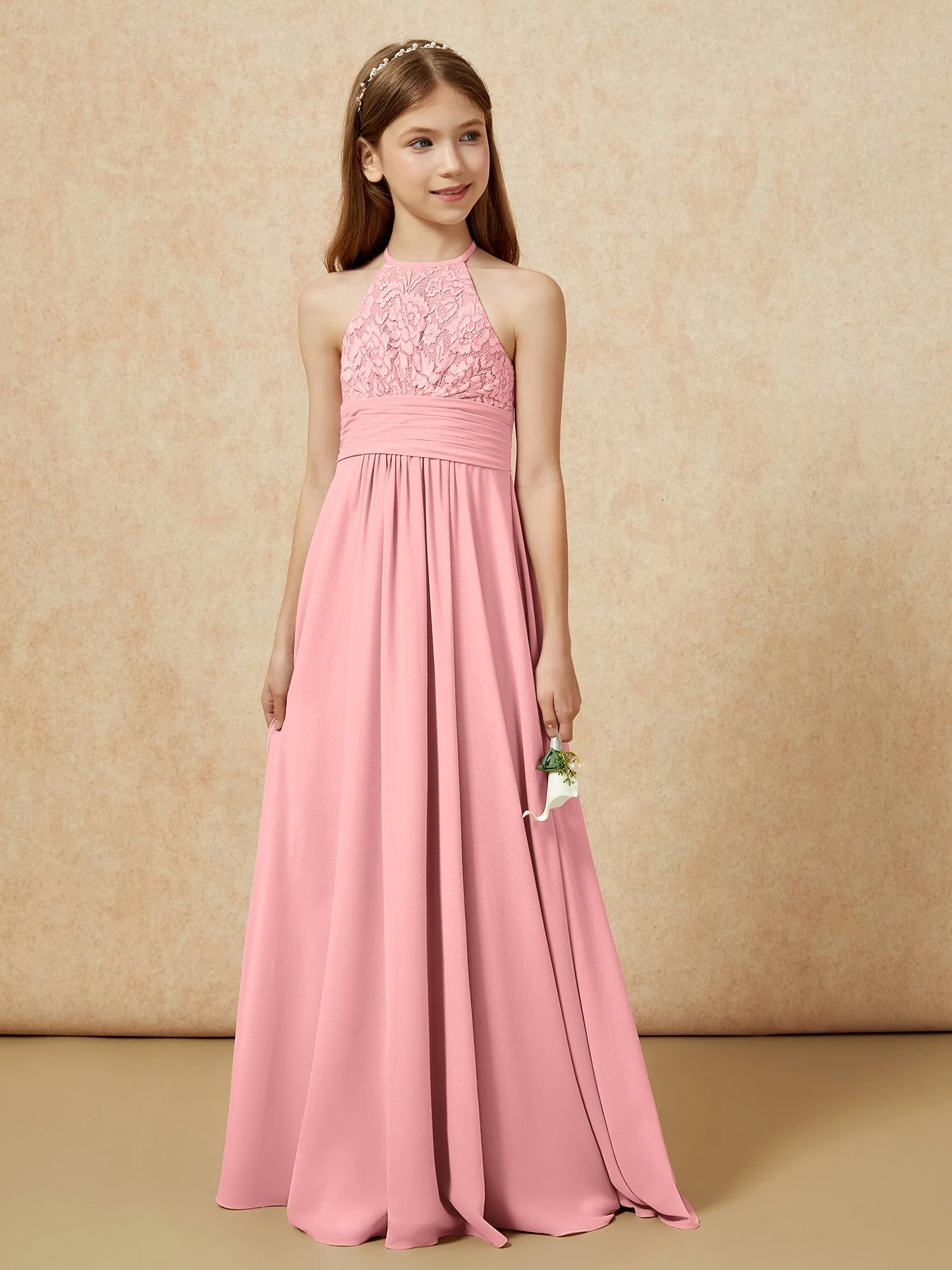 Halshalter Spitzen Oberteil Chiffon Junge Brautjungfernkleider Flamingo - Image 5