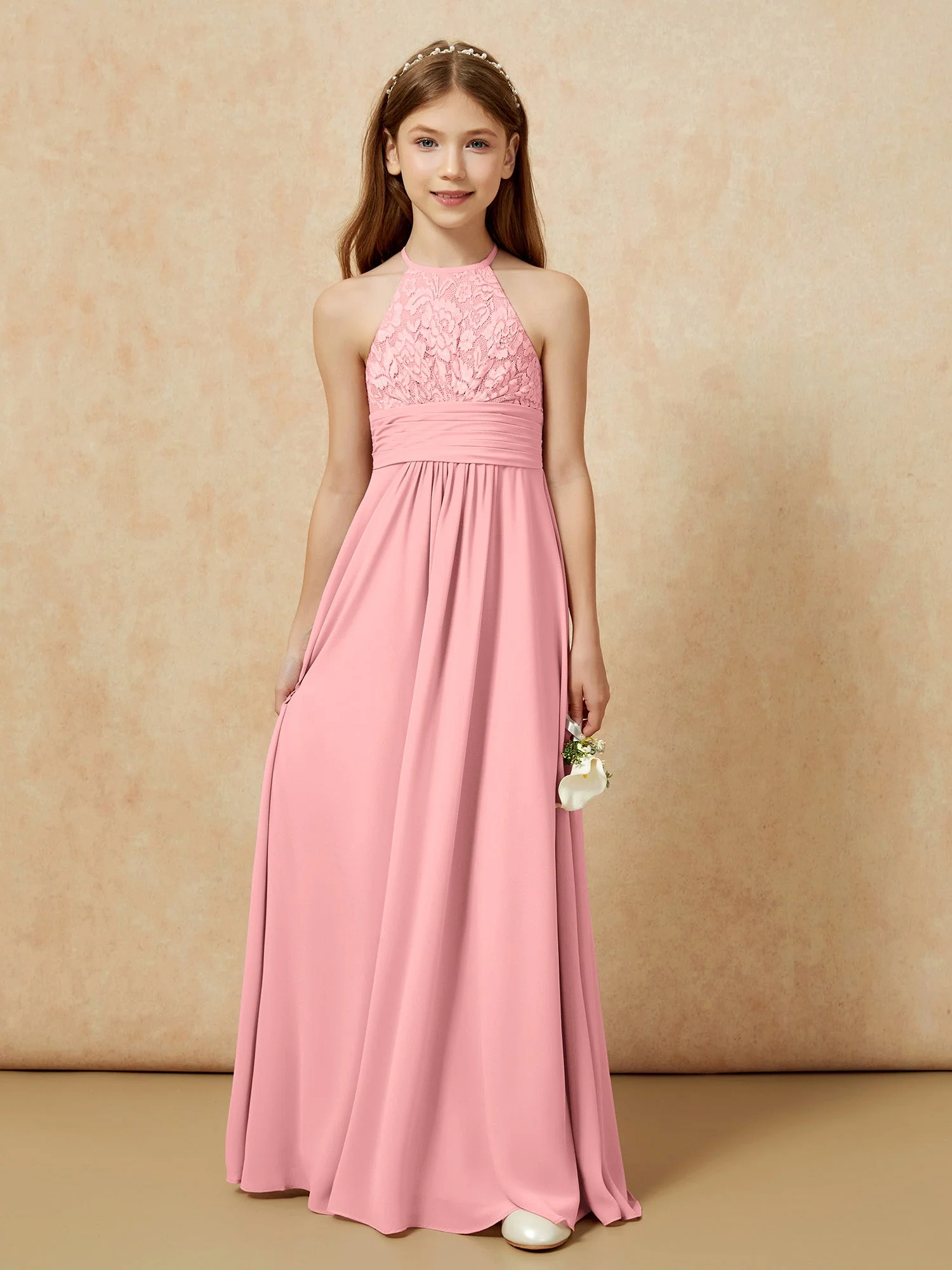 Halshalter Spitzen Oberteil Chiffon Junge Brautjungfernkleider Flamingo - Image 7