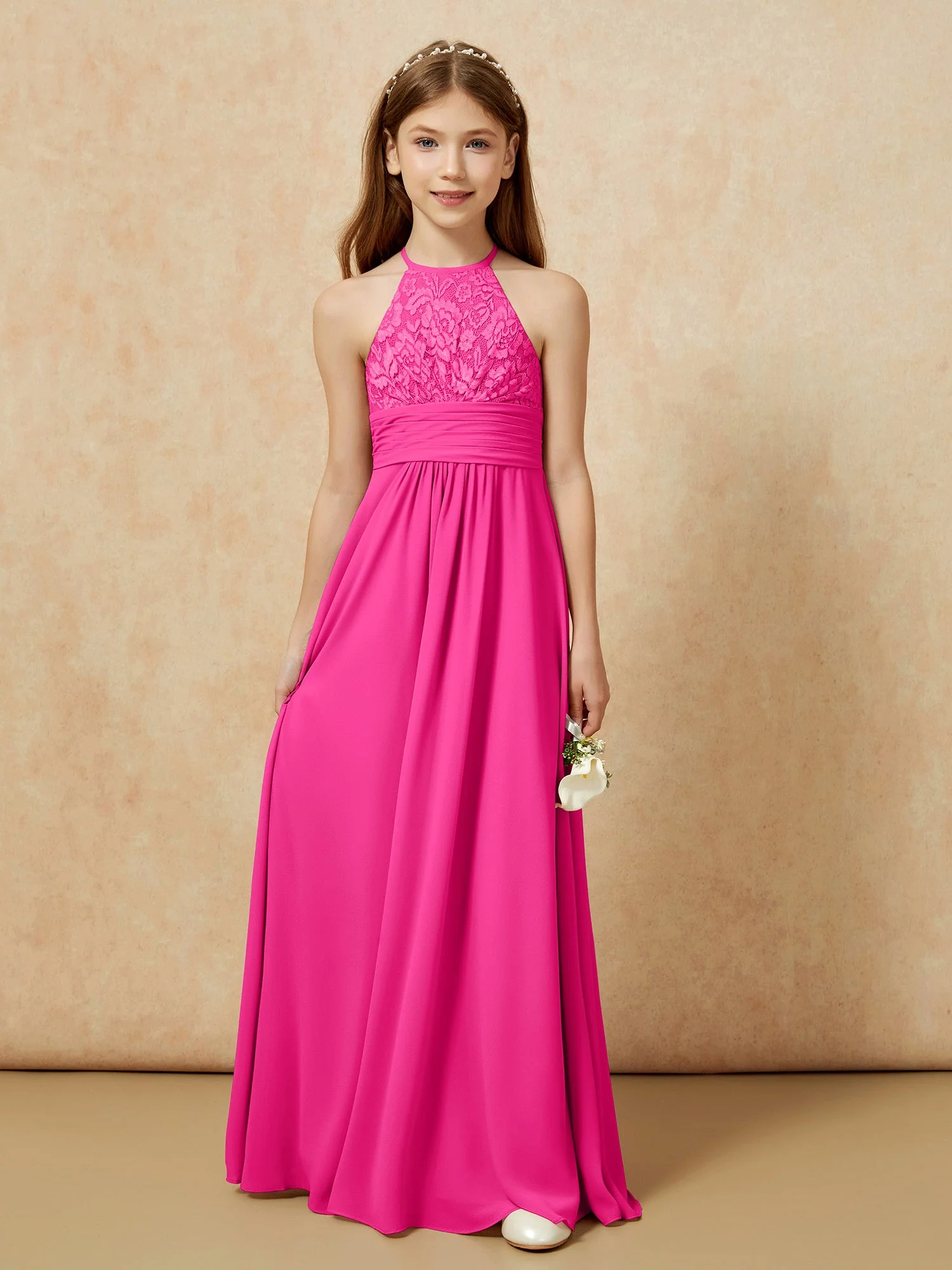 Halshalter Spitzen Oberteil Chiffon Junge Brautjungfernkleider Fuchsia - Image 7