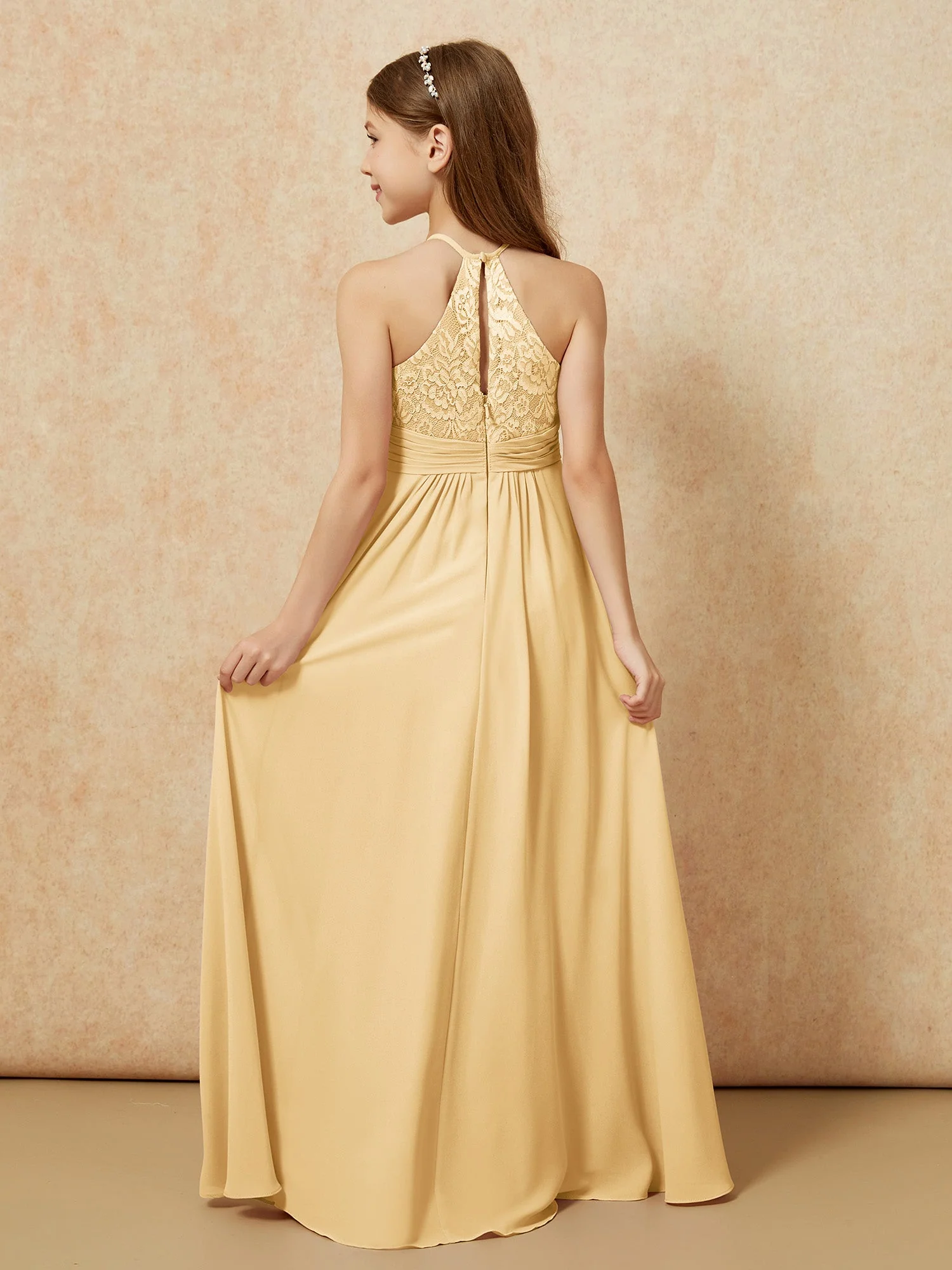 Halshalter Spitzen Oberteil Chiffon Junge Brautjungfernkleider Gold - Image 2